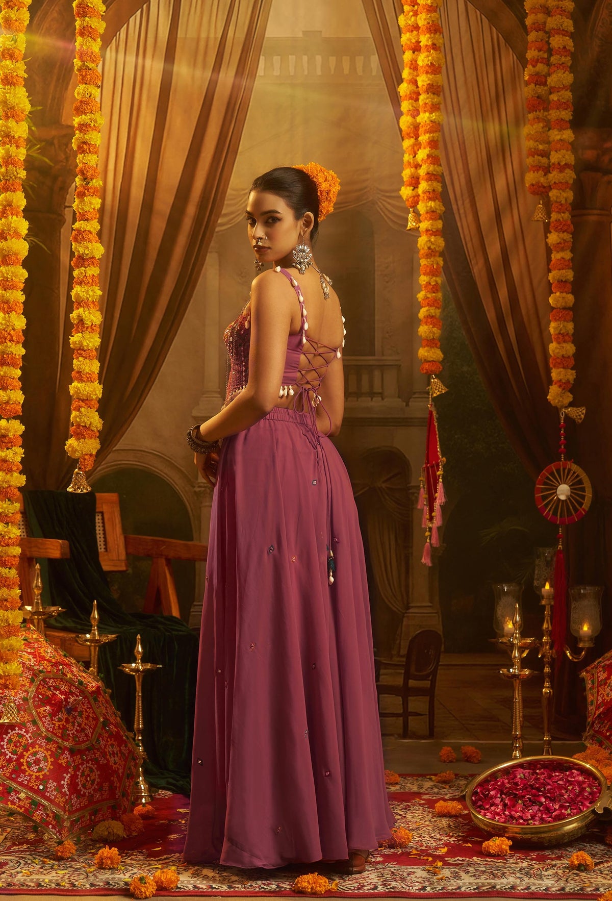 Pink Georgette Mirror Embroidered Corset Top with Palazzo for Navratri