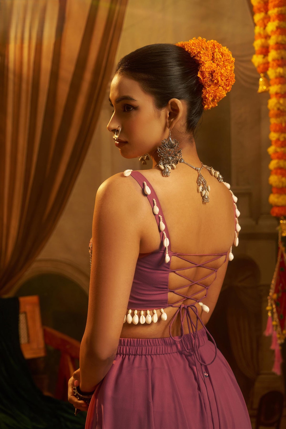 Pink Georgette Mirror Embroidered Corset Top with Palazzo for Navratri