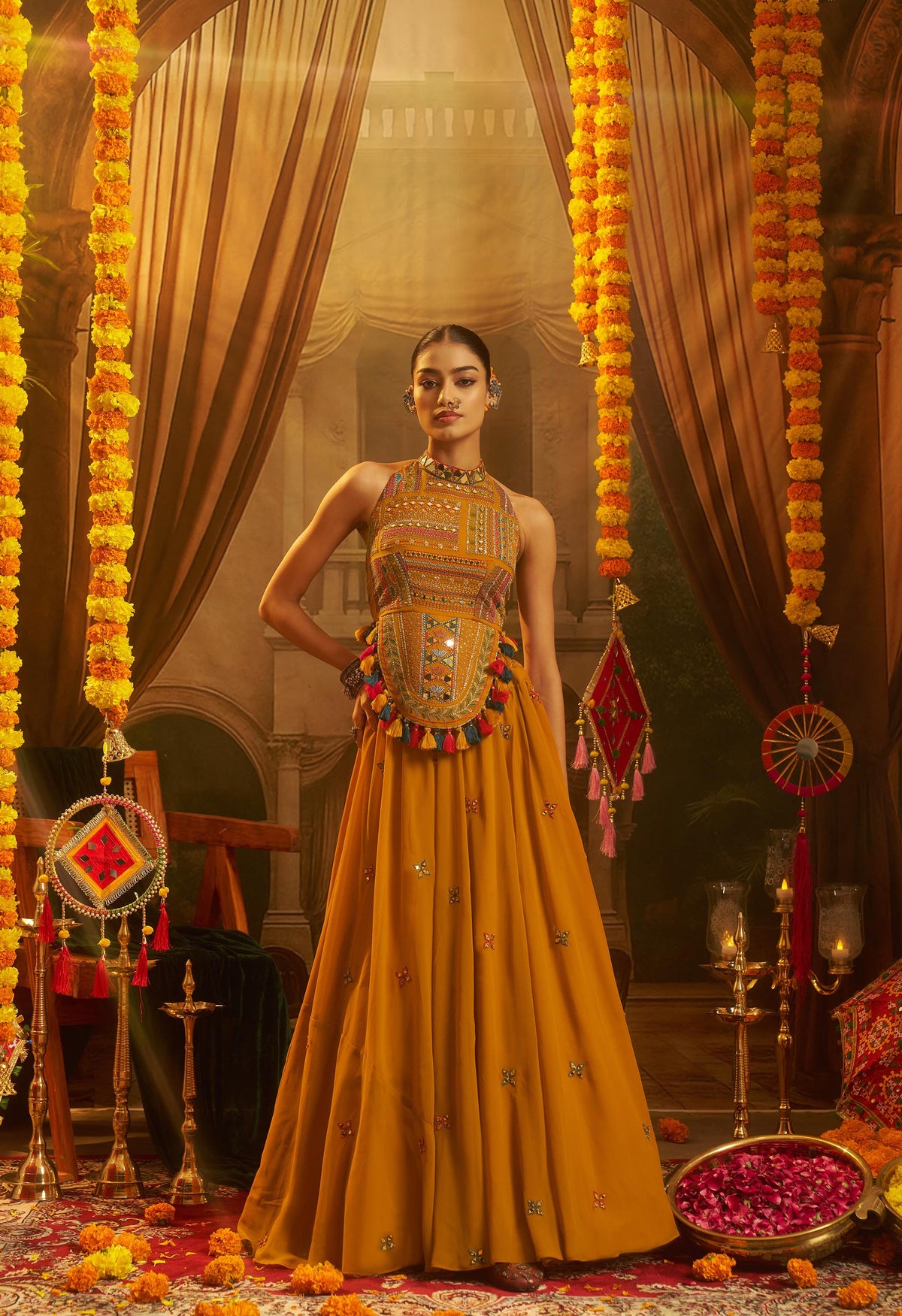 Mustard Georgette Thread & Mirror Embroidered Corset Top with Palazzo for Navratri