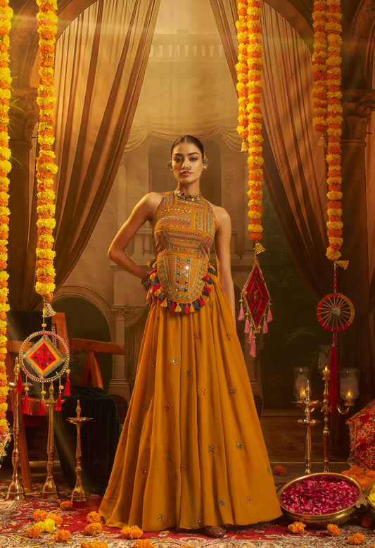 Mustard Georgette Thread & Mirror Embroidered Corset Top with Palazzo for Navratri