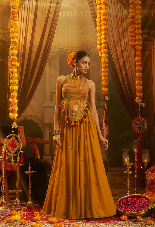 Mustard Georgette Thread & Mirror Embroidered Corset Top with Palazzo for Navratri