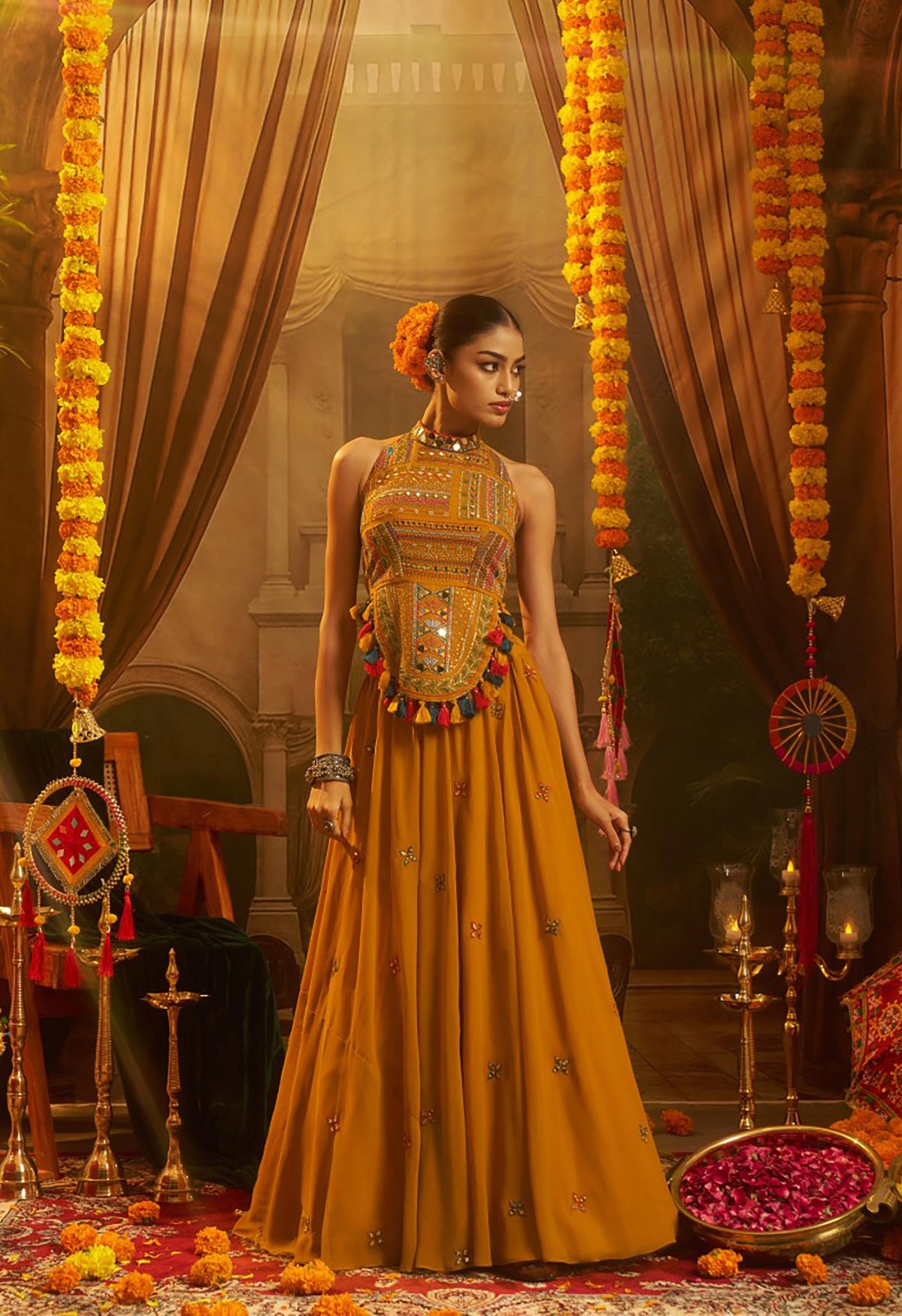 Mustard Georgette Thread & Mirror Embroidered Corset Top with Palazzo for Navratri
