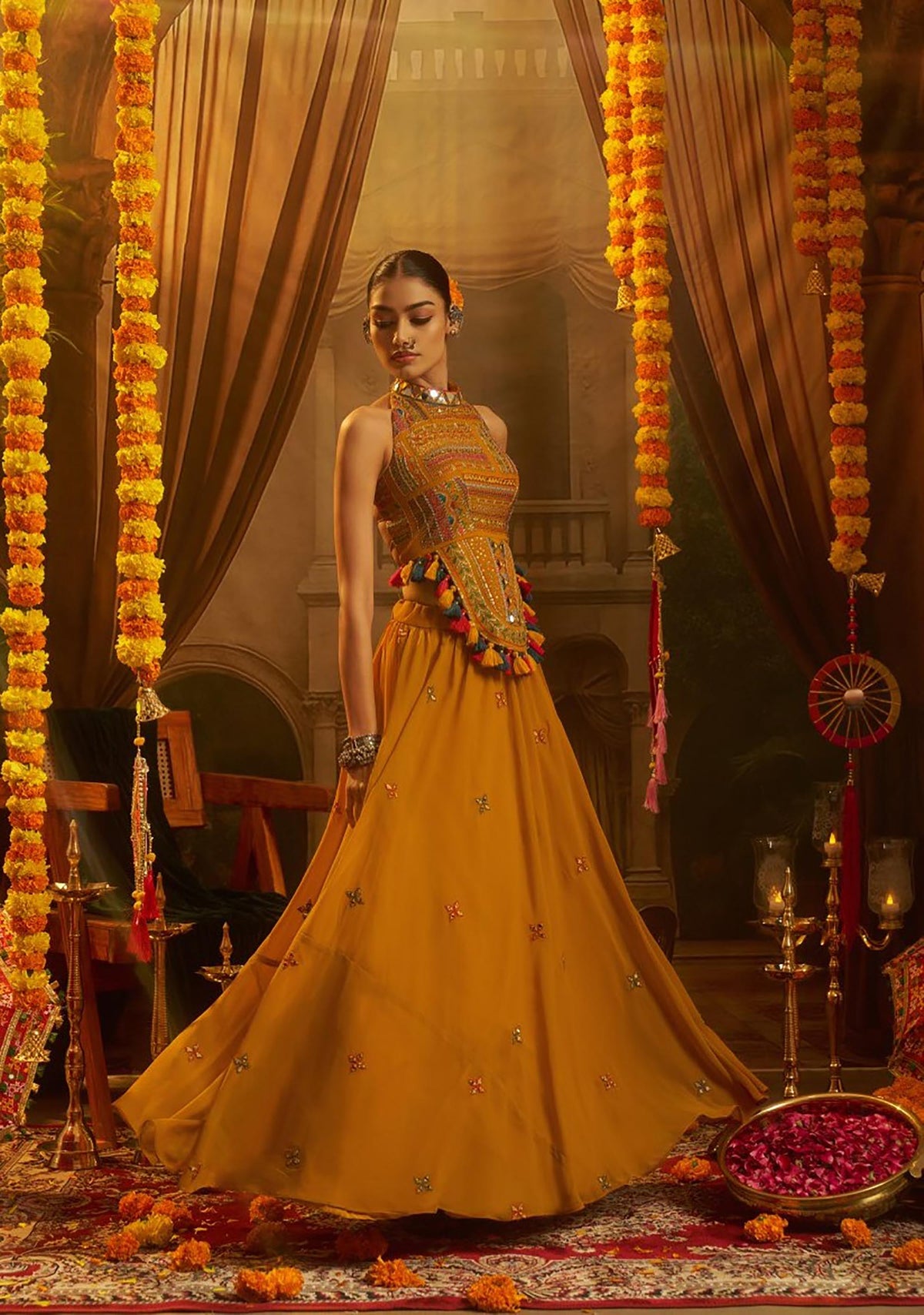Mustard Georgette Thread & Mirror Embroidered Corset Top with Palazzo for Navratri