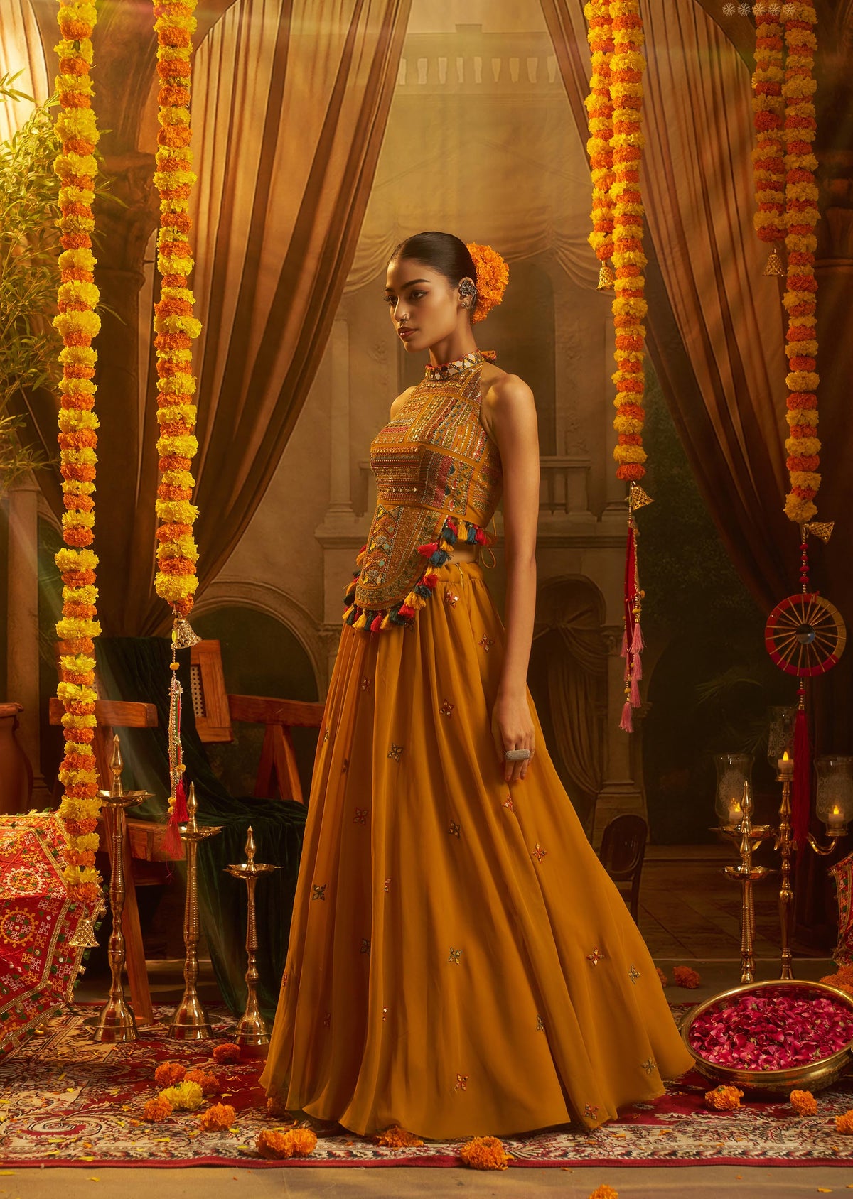 Mustard Georgette Thread & Mirror Embroidered Corset Top with Palazzo for Navratri