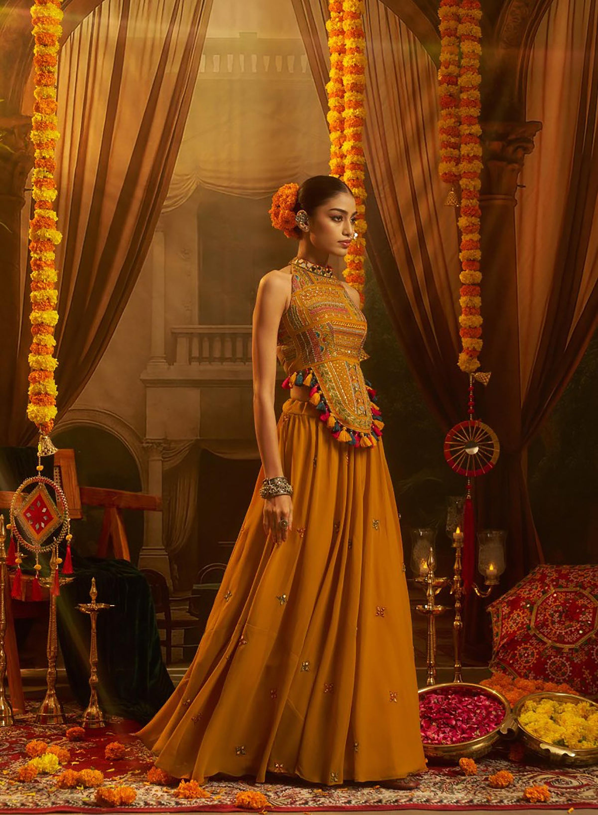 Mustard Georgette Thread & Mirror Embroidered Corset Top with Palazzo for Navratri