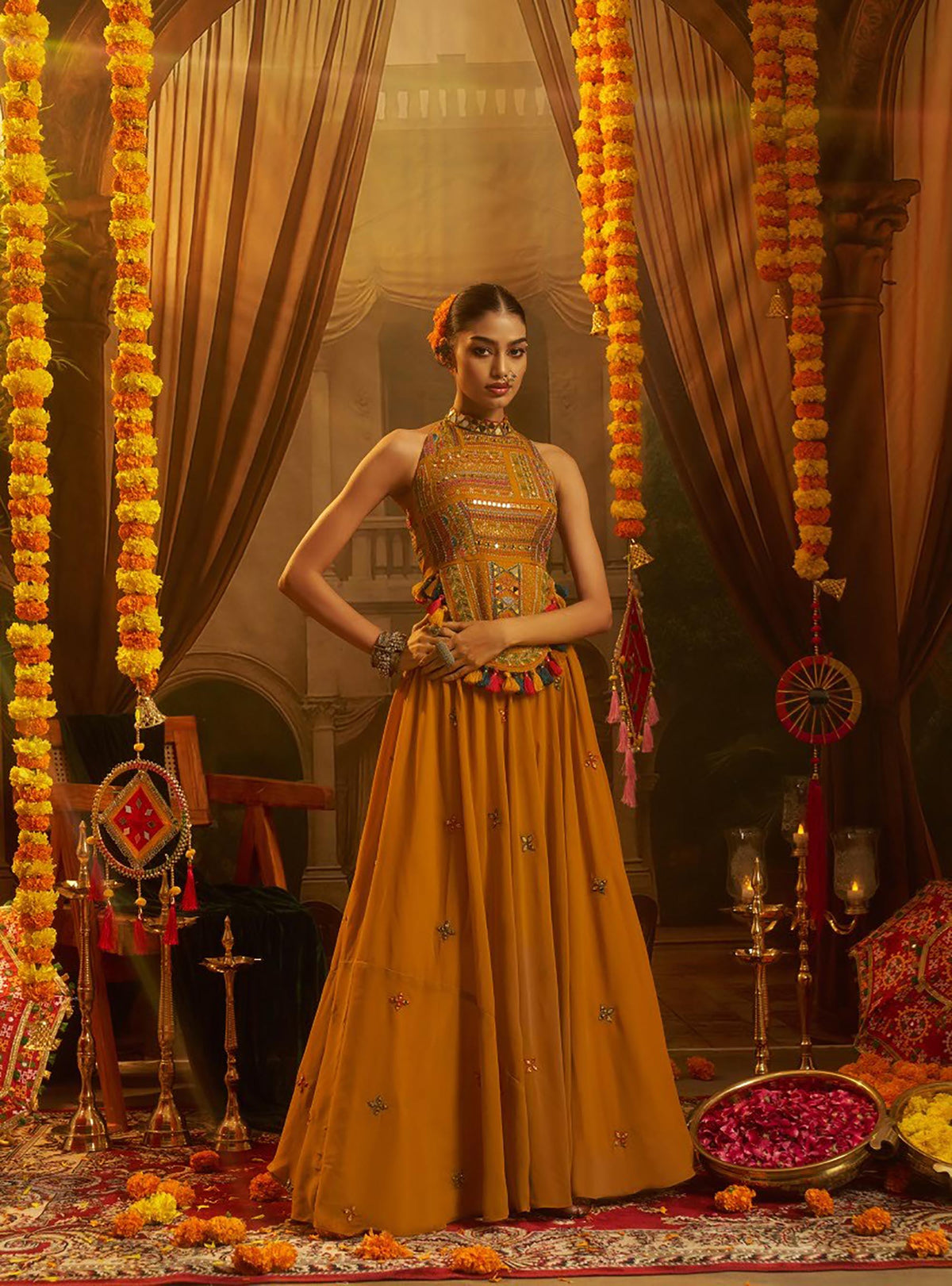 Mustard Georgette Thread & Mirror Embroidered Corset Top with Palazzo for Navratri