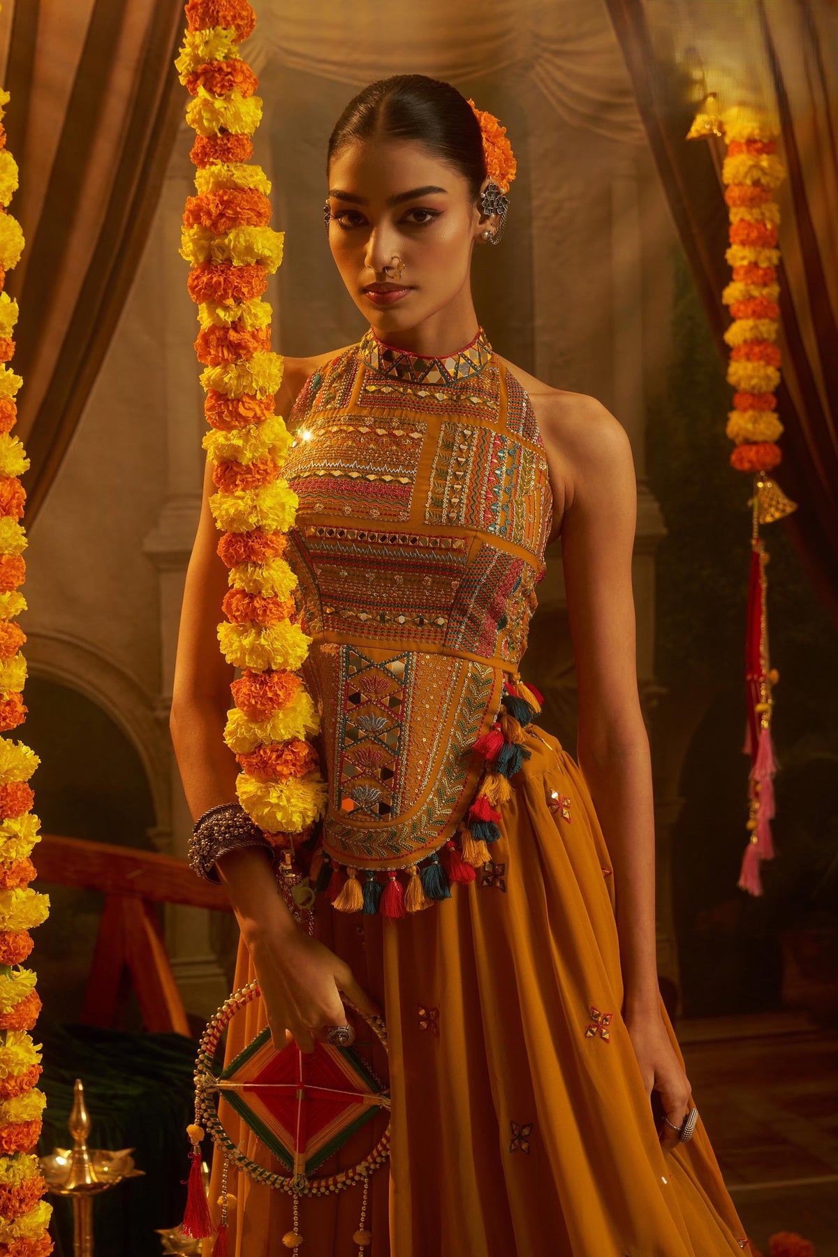 Mustard Georgette Thread & Mirror Embroidered Corset Top with Palazzo for Navratri