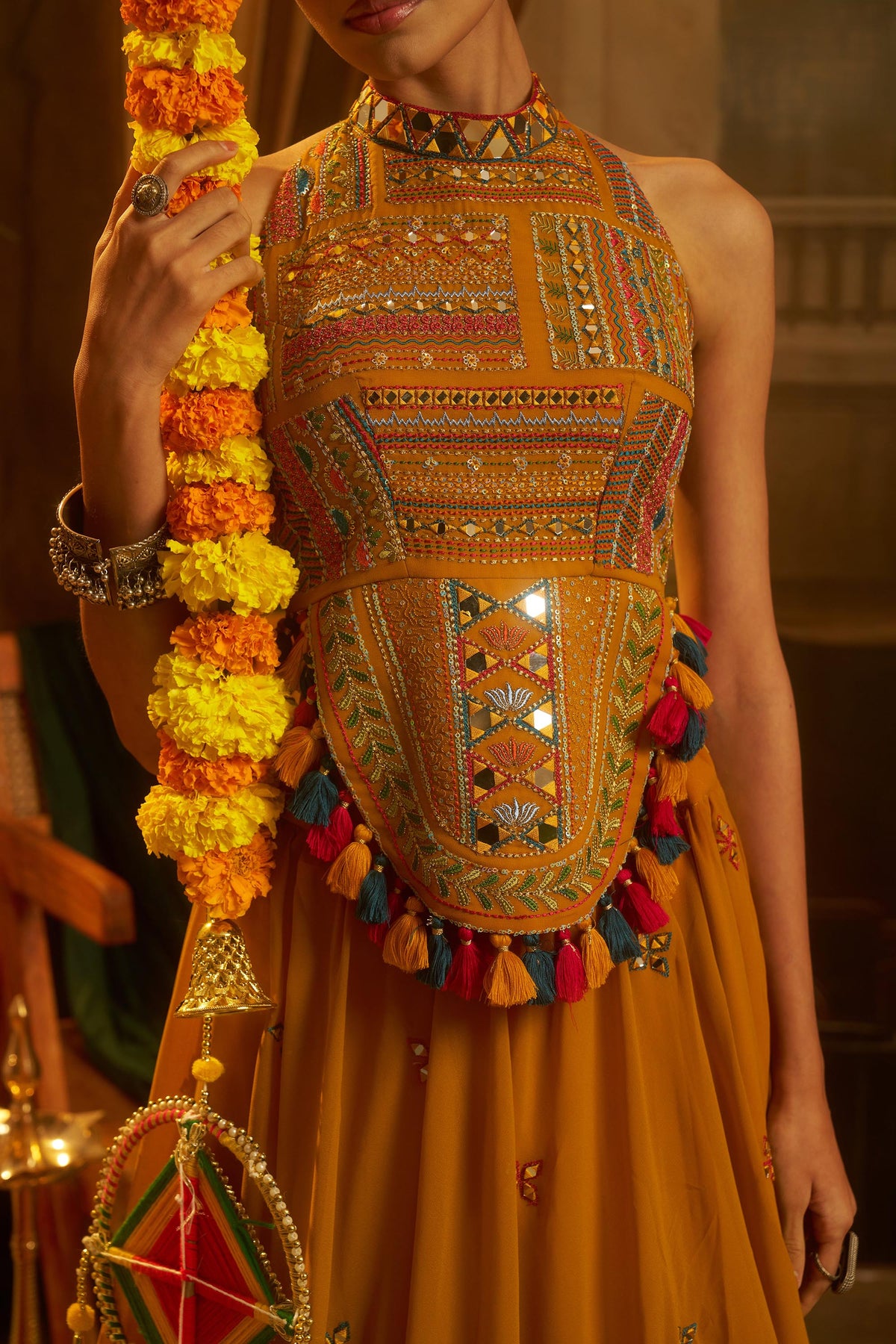 Mustard Georgette Thread & Mirror Embroidered Corset Top with Palazzo for Navratri