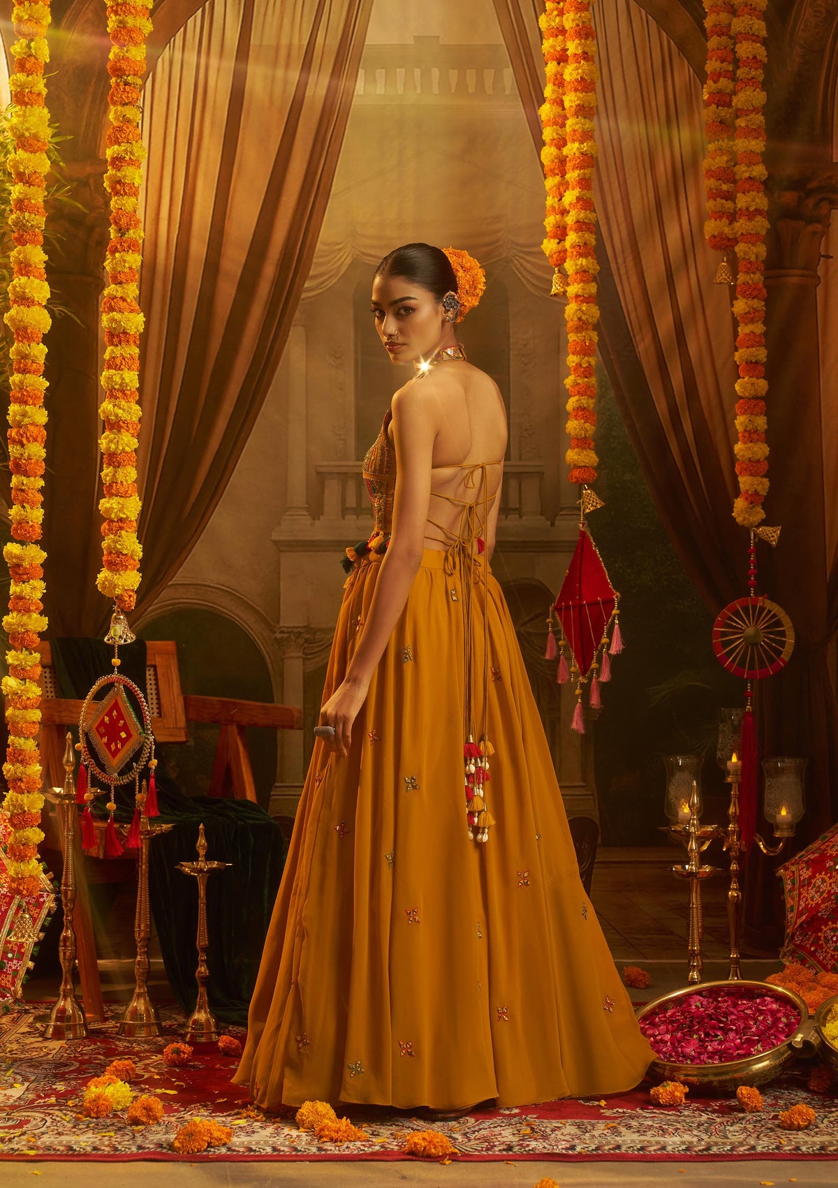Mustard Georgette Thread & Mirror Embroidered Corset Top with Palazzo for Navratri
