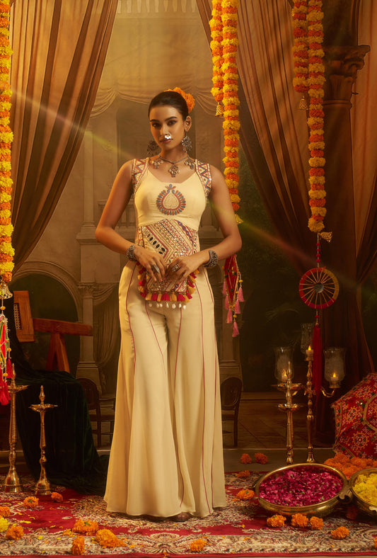 Cream Georgette Thread & Mirror Embroidered Corset Top with Palazzo for Navratri
