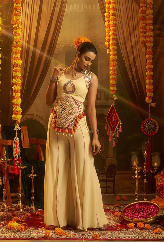 Cream Georgette Thread & Mirror Embroidered Corset Top with Palazzo for Navratri