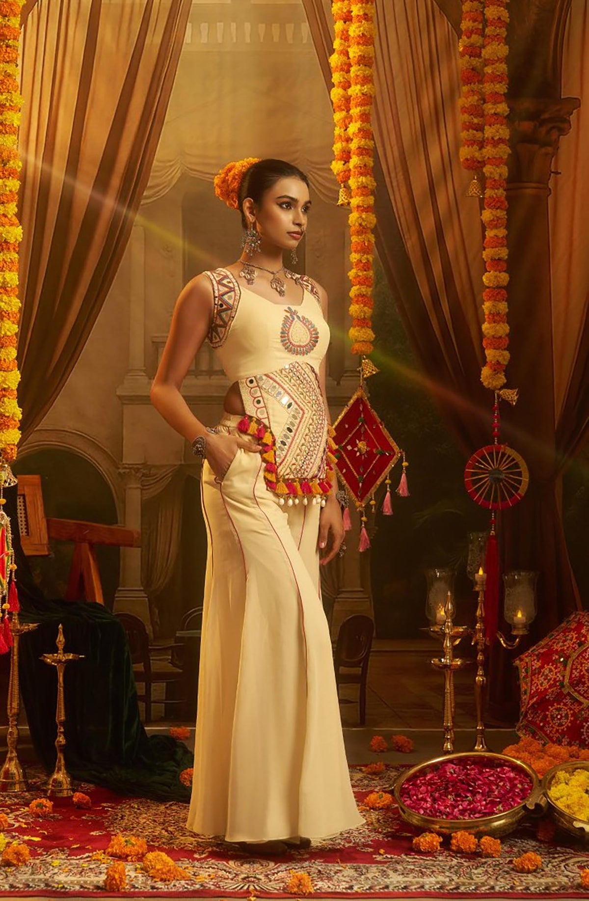 Cream Georgette Thread & Mirror Embroidered Corset Top with Palazzo for Navratri