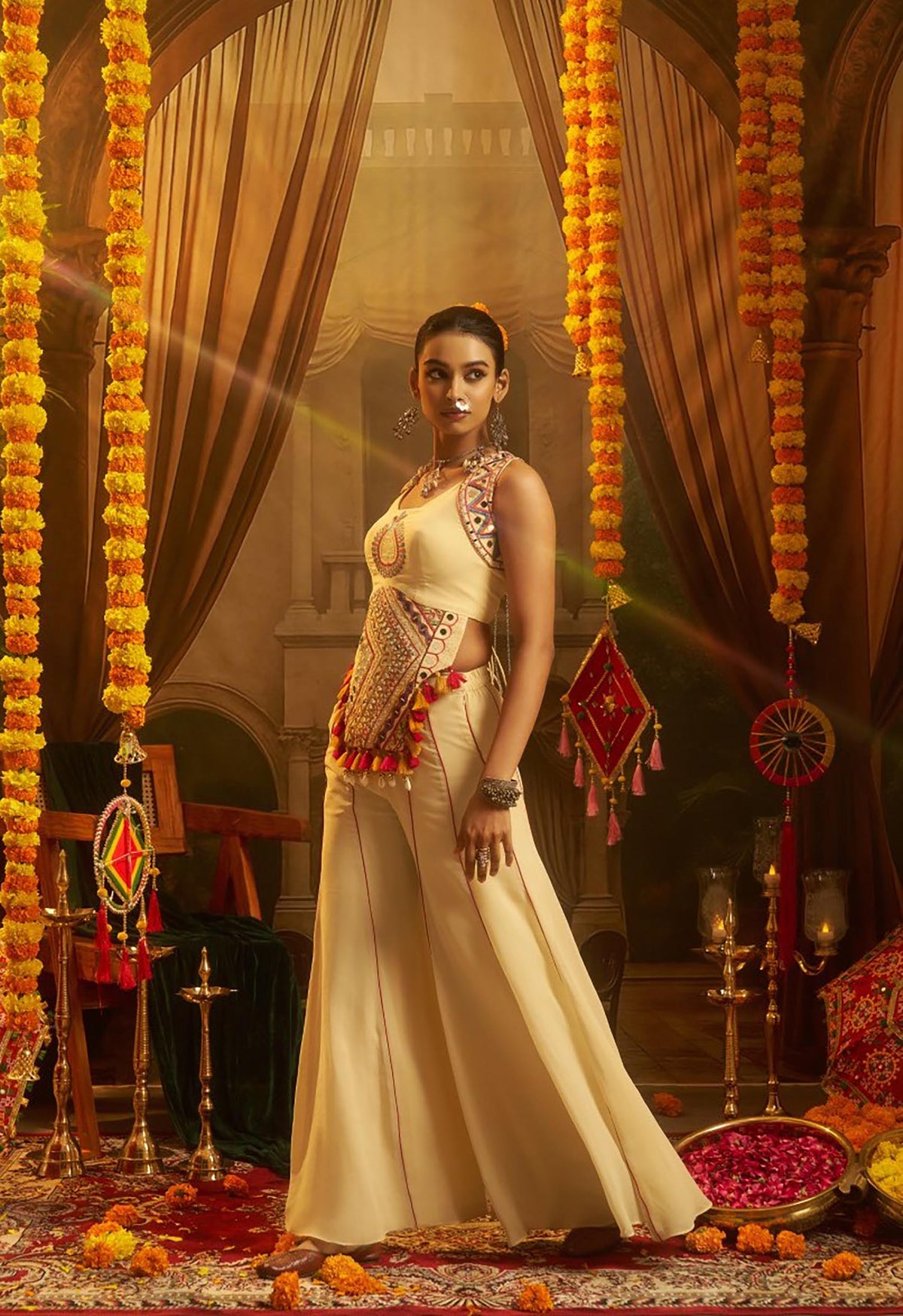 Cream Georgette Thread & Mirror Embroidered Corset Top with Palazzo for Navratri