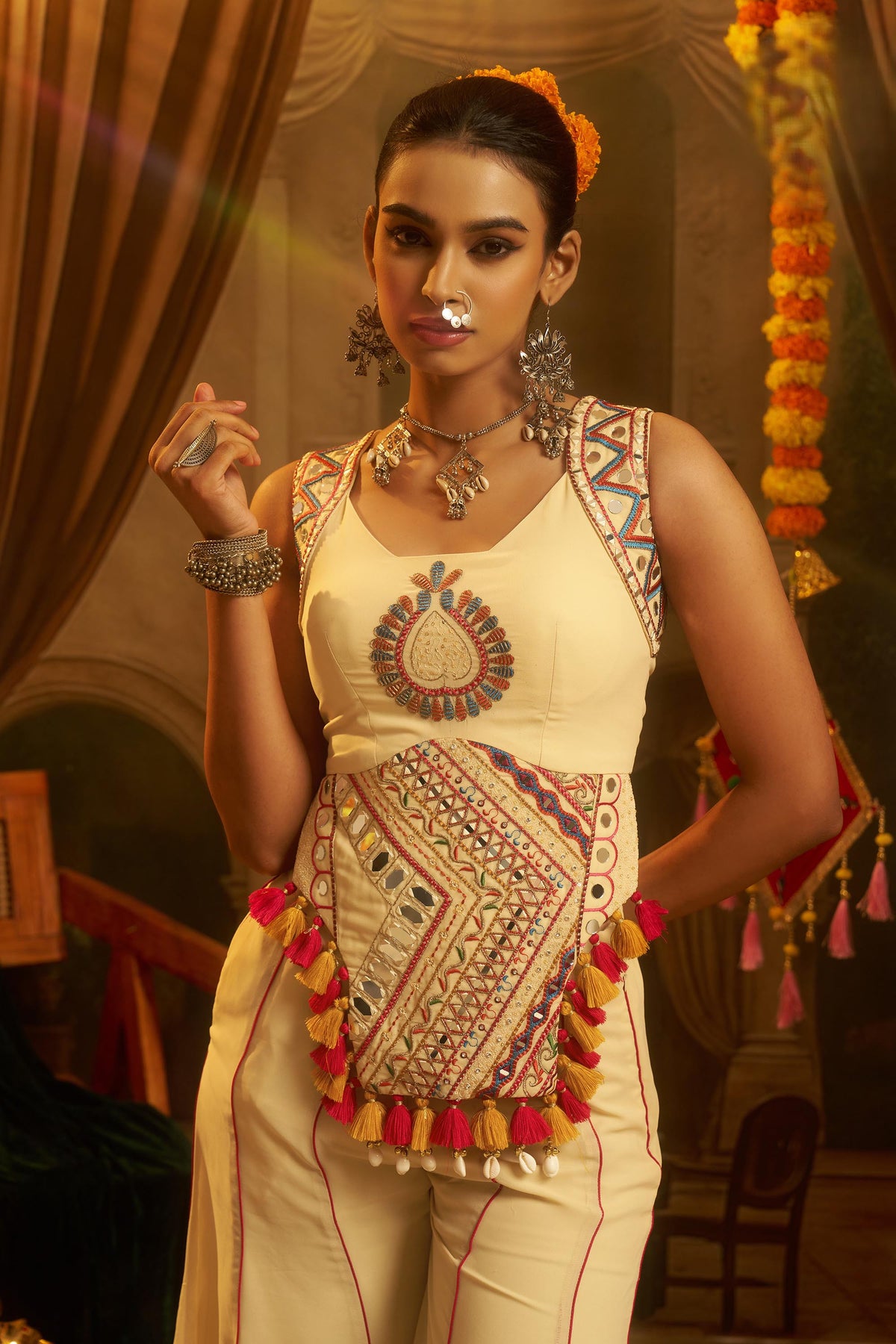 Cream Georgette Thread & Mirror Embroidered Corset Top with Palazzo for Navratri