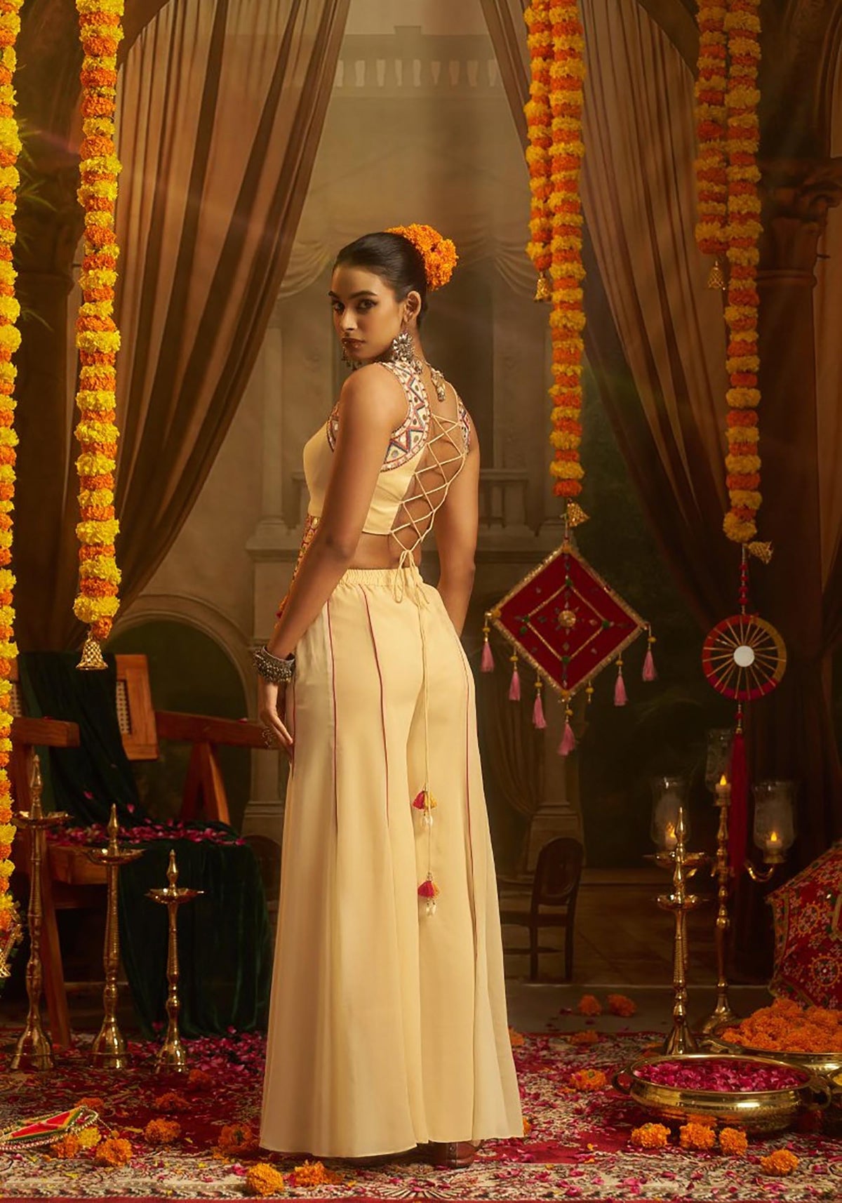 Cream Georgette Thread & Mirror Embroidered Corset Top with Palazzo for Navratri