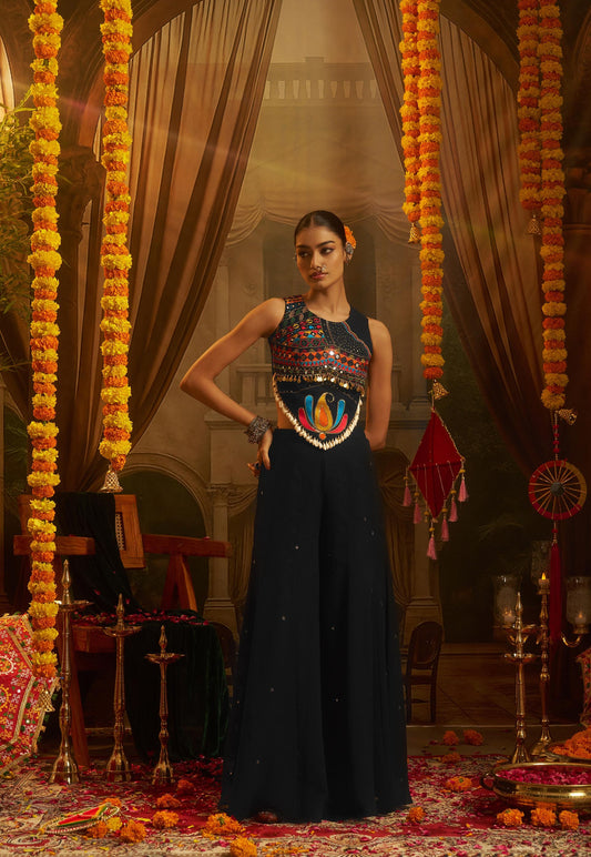 Black Georgette Mirror Embroidered Corset Top with Palazzo for Navratri