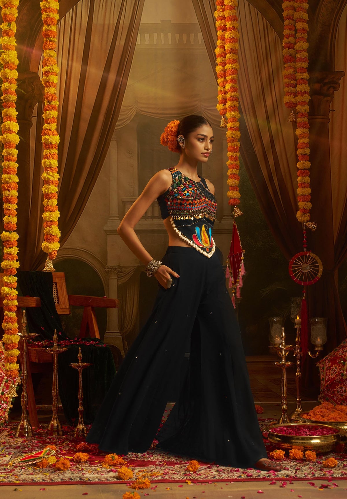 Black Georgette Mirror Embroidered Corset Top with Palazzo for Navratri