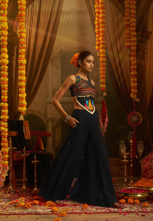Black Georgette Mirror Embroidered Corset Top with Palazzo for Navratri