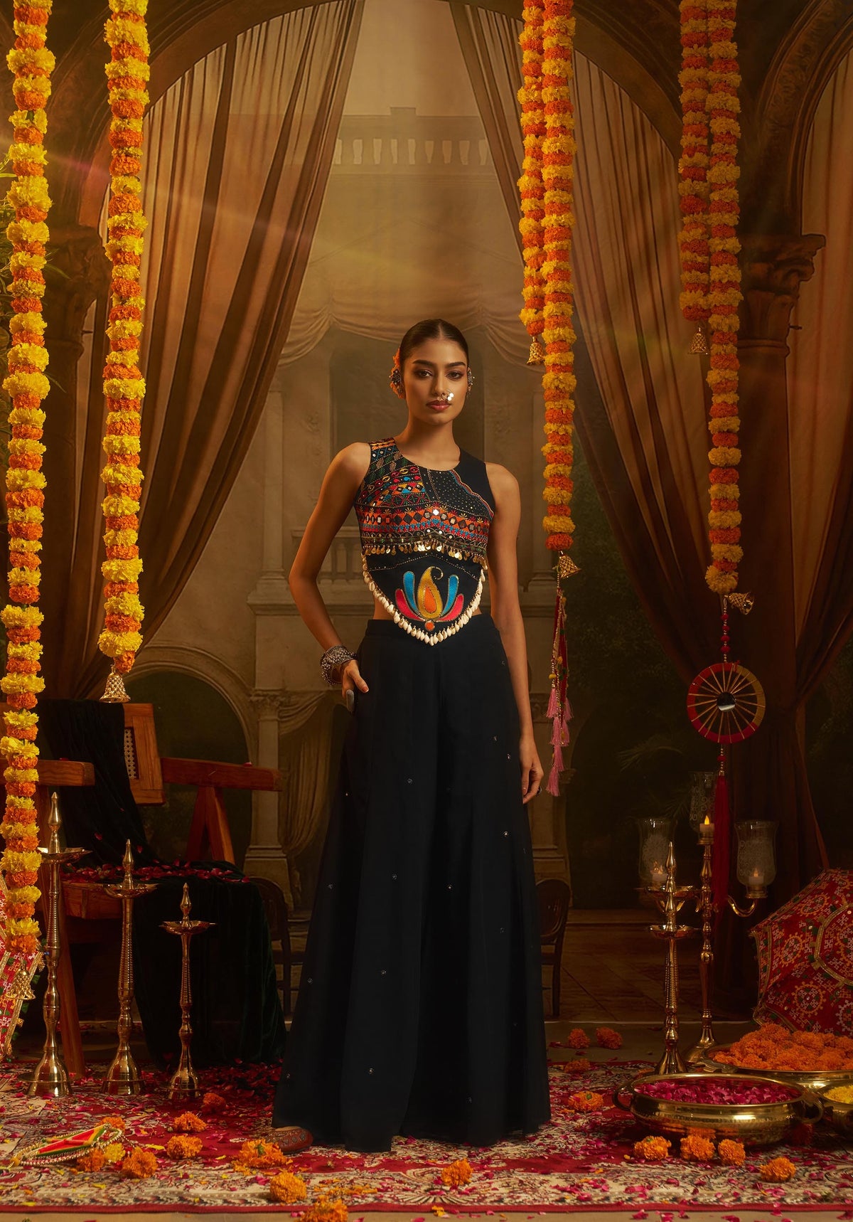 Black Georgette Mirror Embroidered Corset Top with Palazzo for Navratri