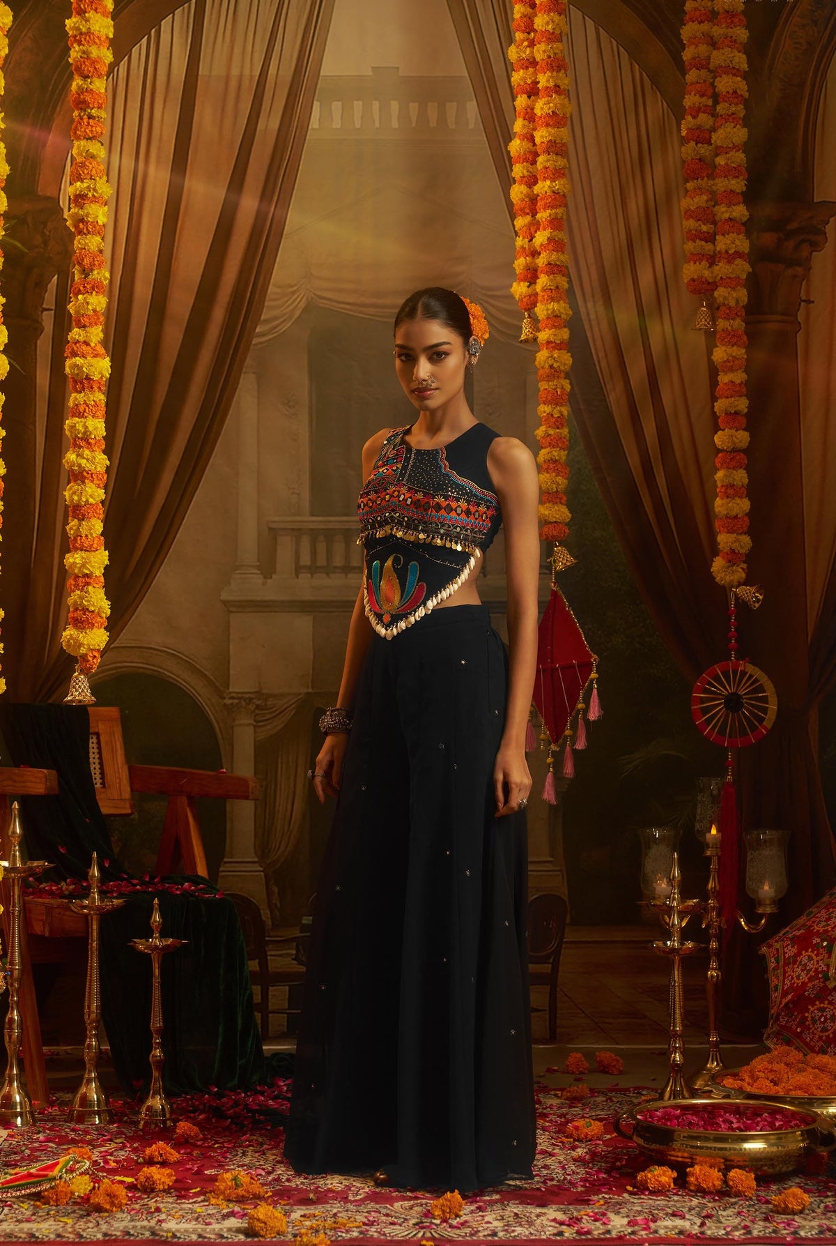 Black Georgette Mirror Embroidered Corset Top with Palazzo for Navratri