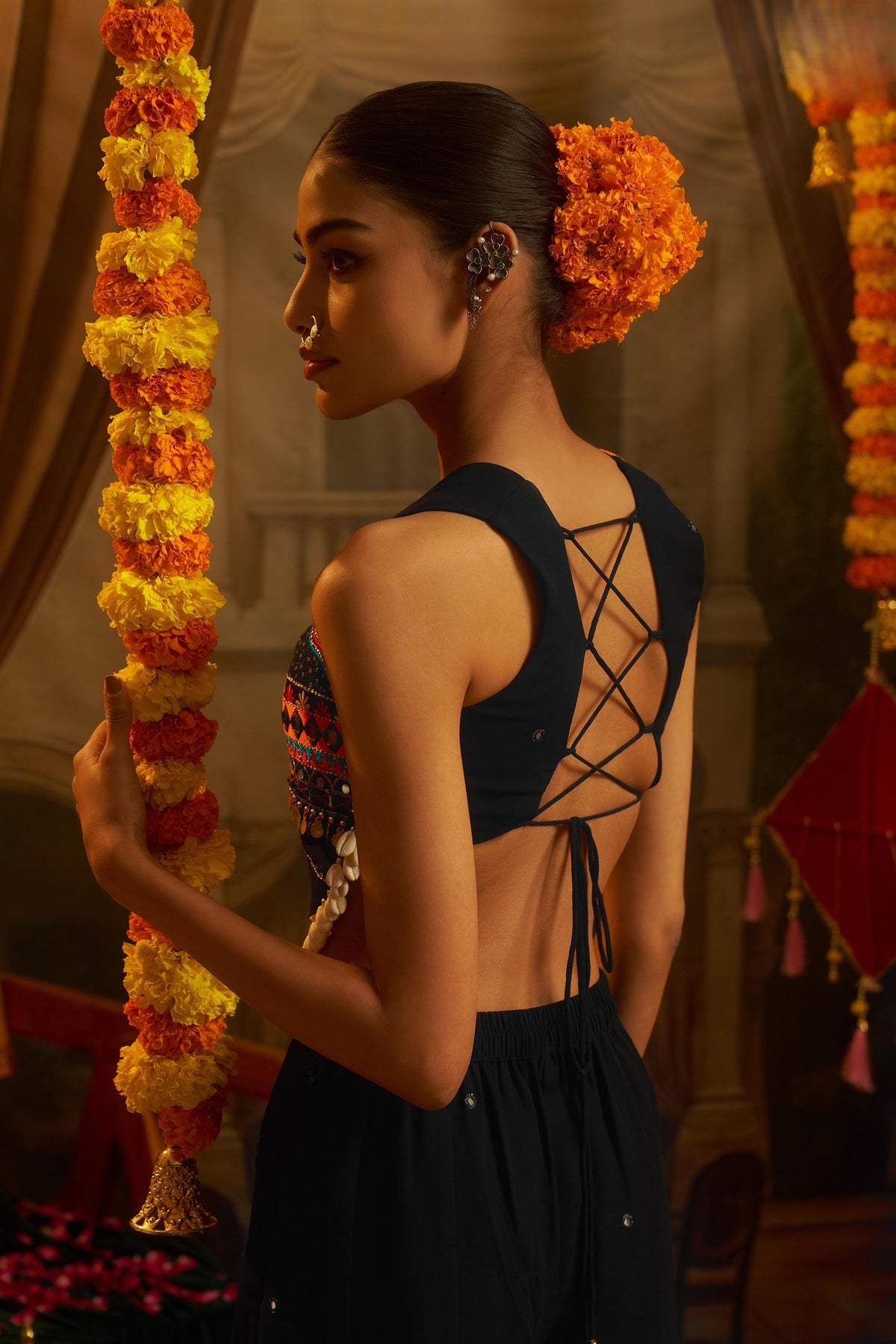 Black Georgette Mirror Embroidered Corset Top with Palazzo for Navratri
