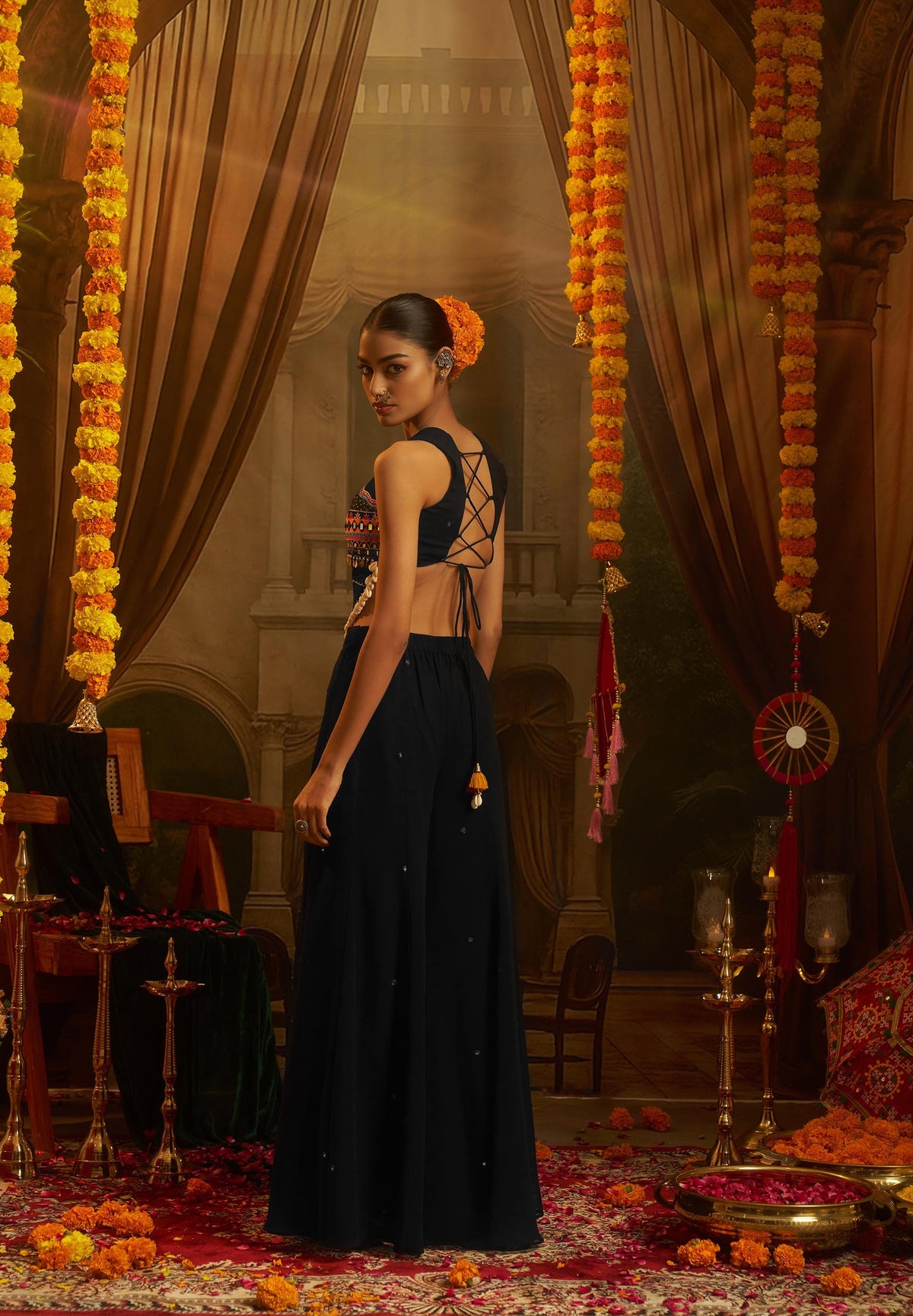 Black Georgette Mirror Embroidered Corset Top with Palazzo for Navratri
