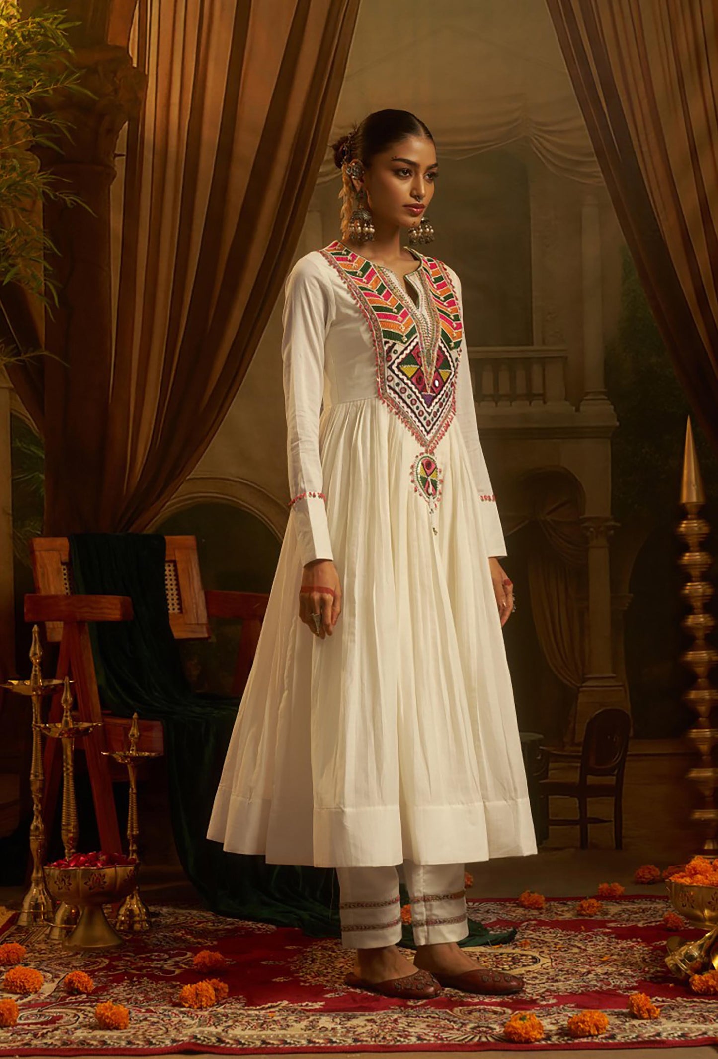Ivory Mul Cotton Kutchi Mirror Work Navratri Anarkali Kurta Set