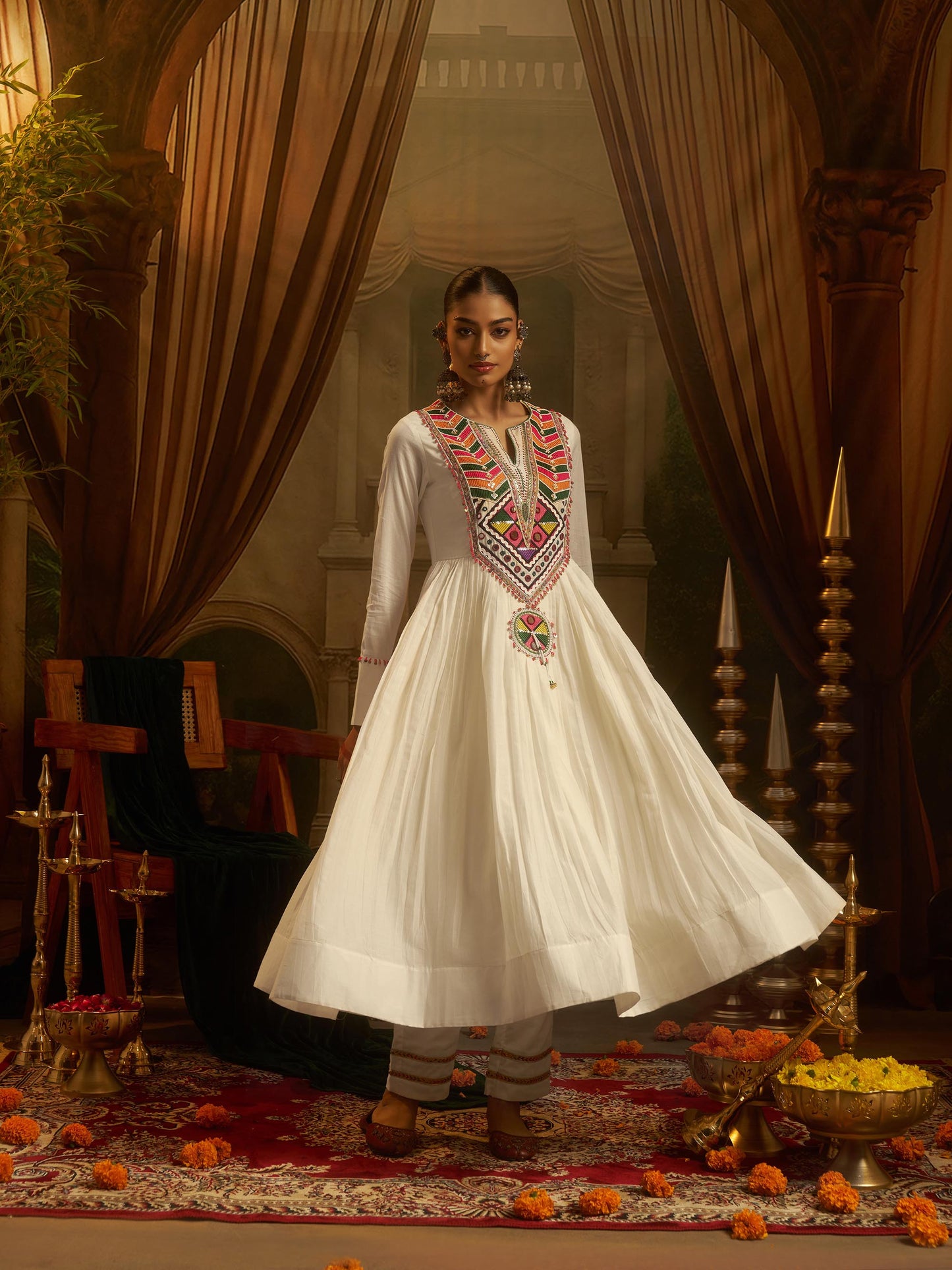 Ivory Mul Cotton Kutchi Mirror Work Navratri Anarkali Kurta Set