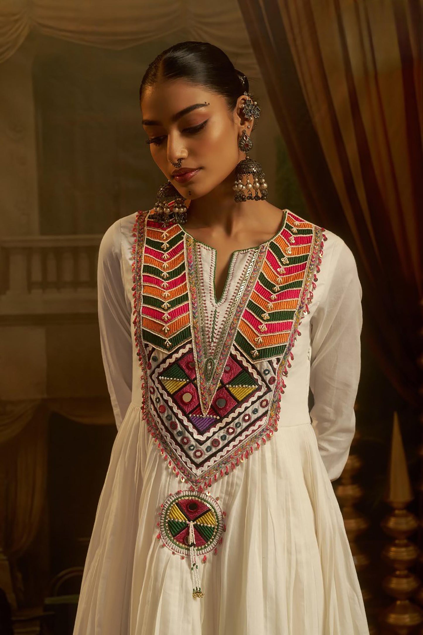 Ivory Mul Cotton Kutchi Mirror Work Navratri Anarkali Kurta Set