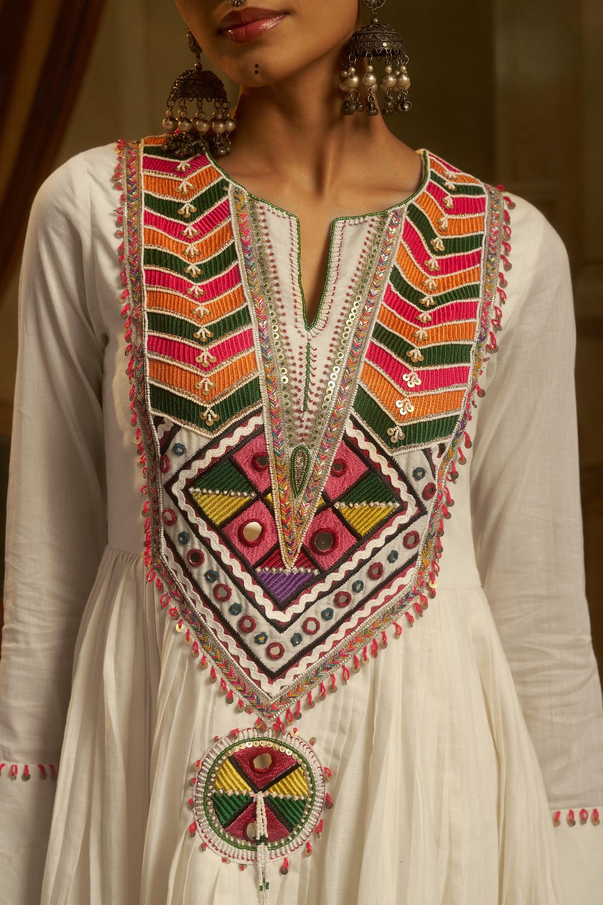 Ivory Mul Cotton Kutchi Mirror Work Navratri Anarkali Kurta Set