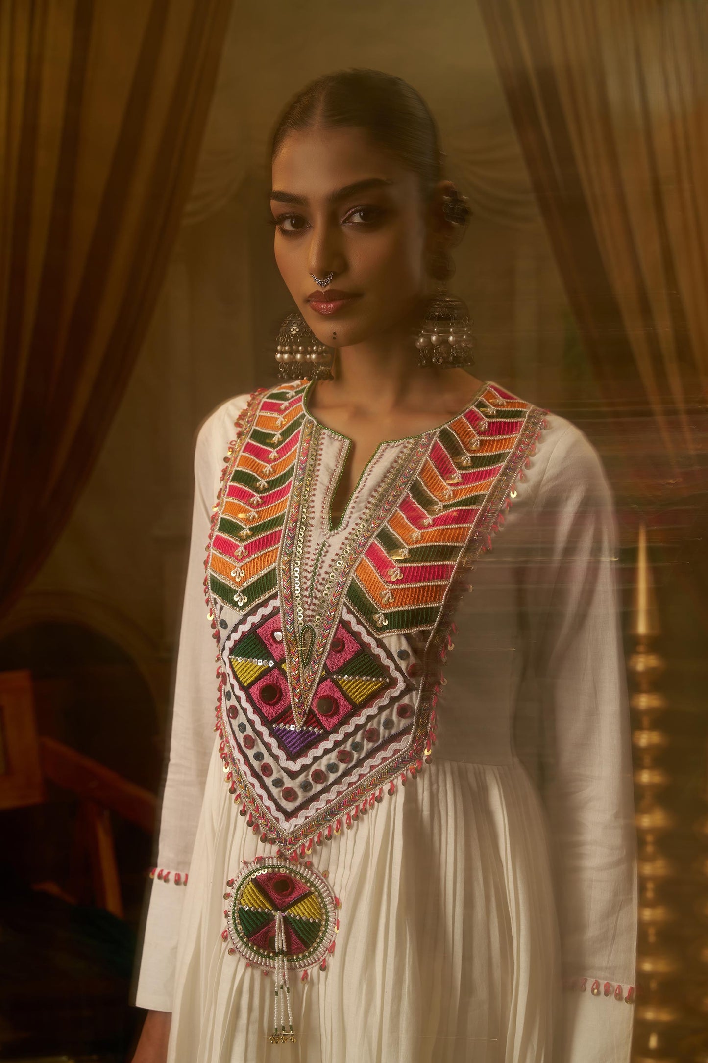 Ivory Mul Cotton Kutchi Mirror Work Navratri Anarkali Kurta Set