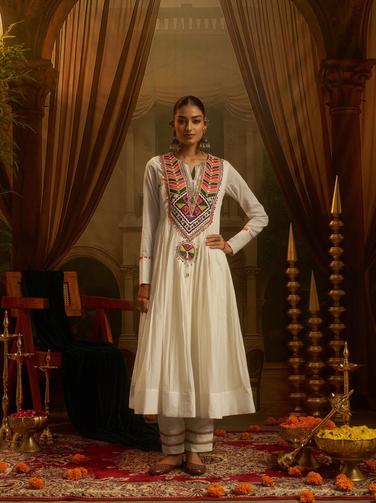 Ivory Mul Cotton Kutchi Mirror Work Navratri Anarkali Kurta Set