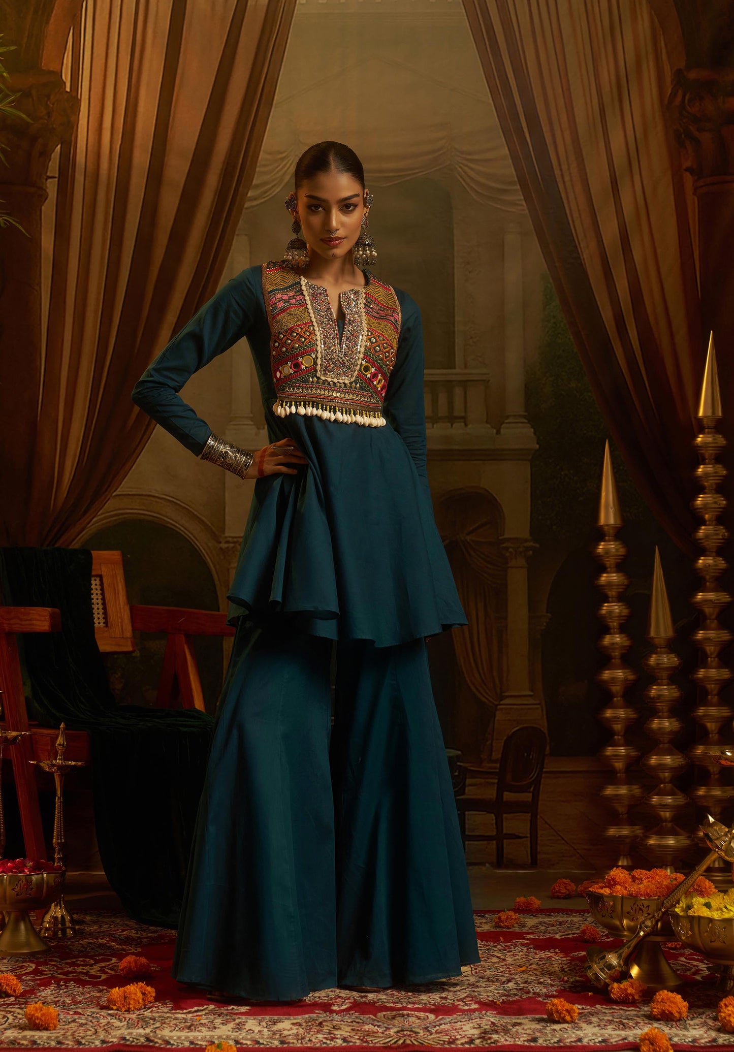 Teal Green Mul Cotton Kutchi Mirror Work Navratri Peplum Kurta with Sharara