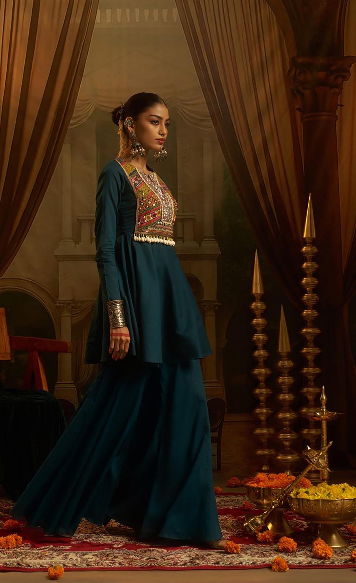 Teal Green Mul Cotton Kutchi Mirror Work Navratri Peplum Kurta with Sharara