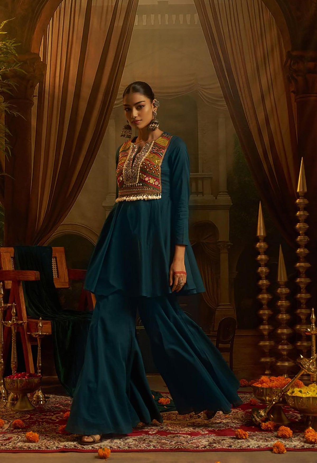 Teal Green Mul Cotton Kutchi Mirror Work Navratri Peplum Kurta with Sharara