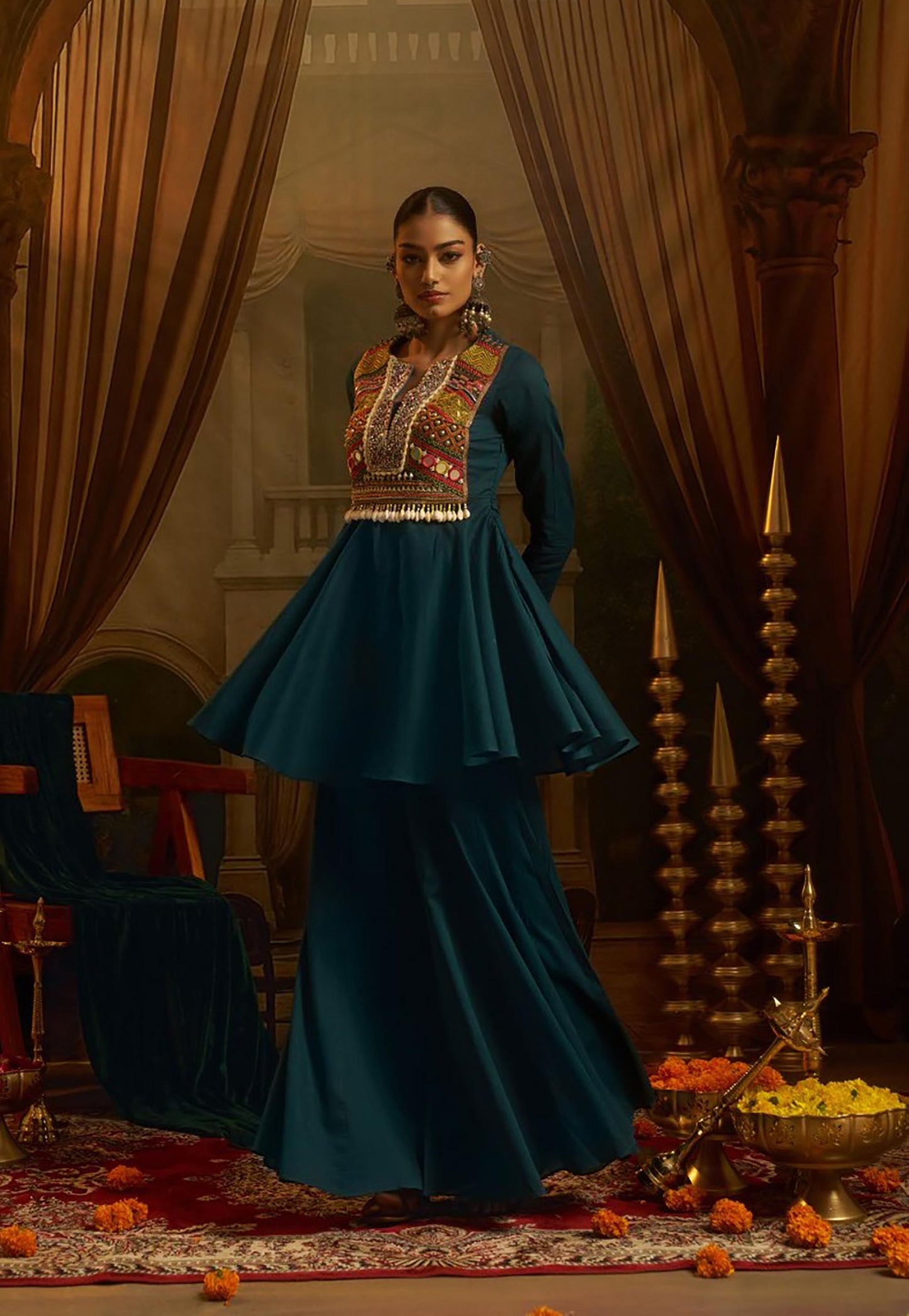 Teal Green Mul Cotton Kutchi Mirror Work Navratri Peplum Kurta with Sharara