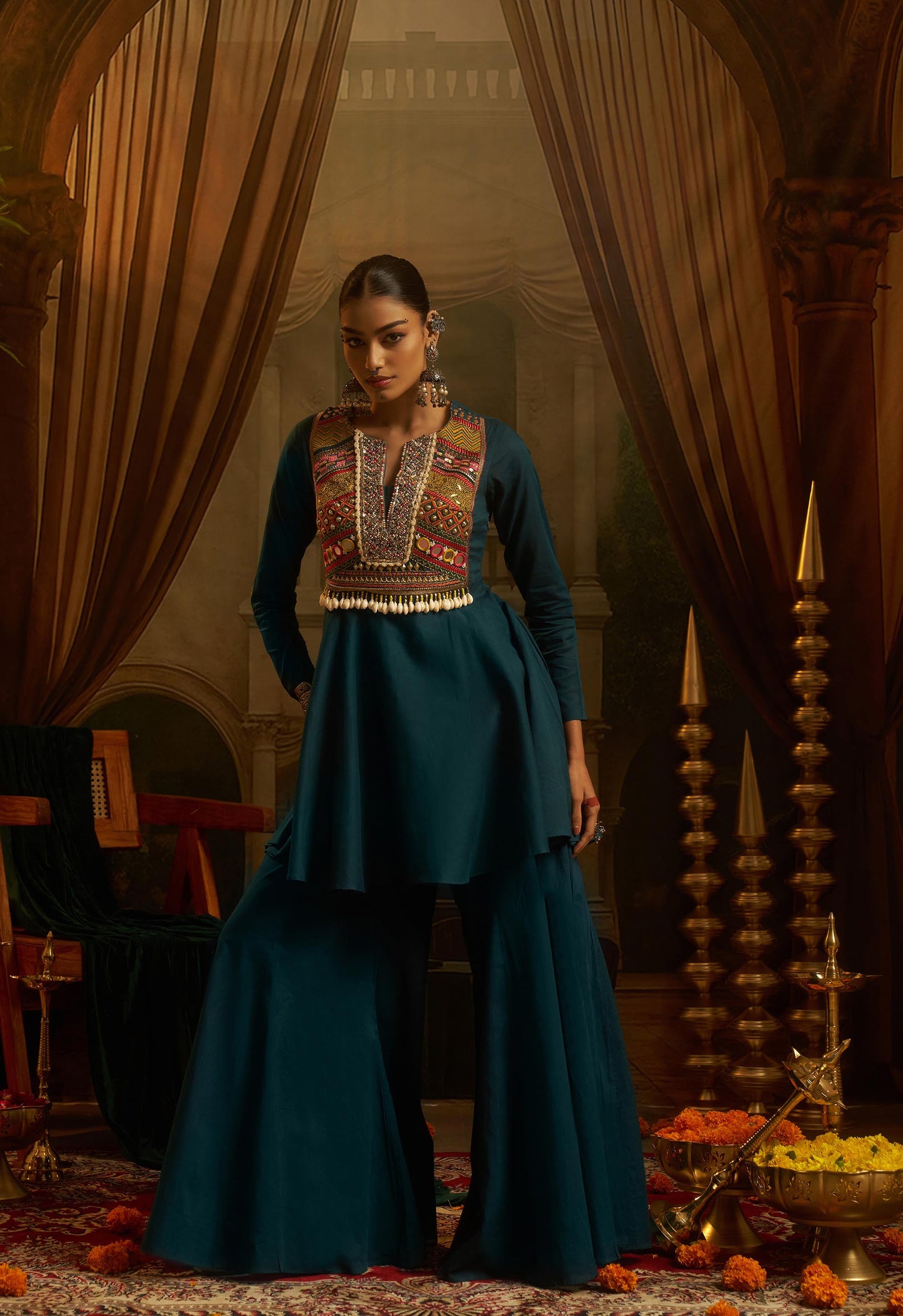Teal Green Mul Cotton Kutchi Mirror Work Navratri Peplum Kurta with Sharara