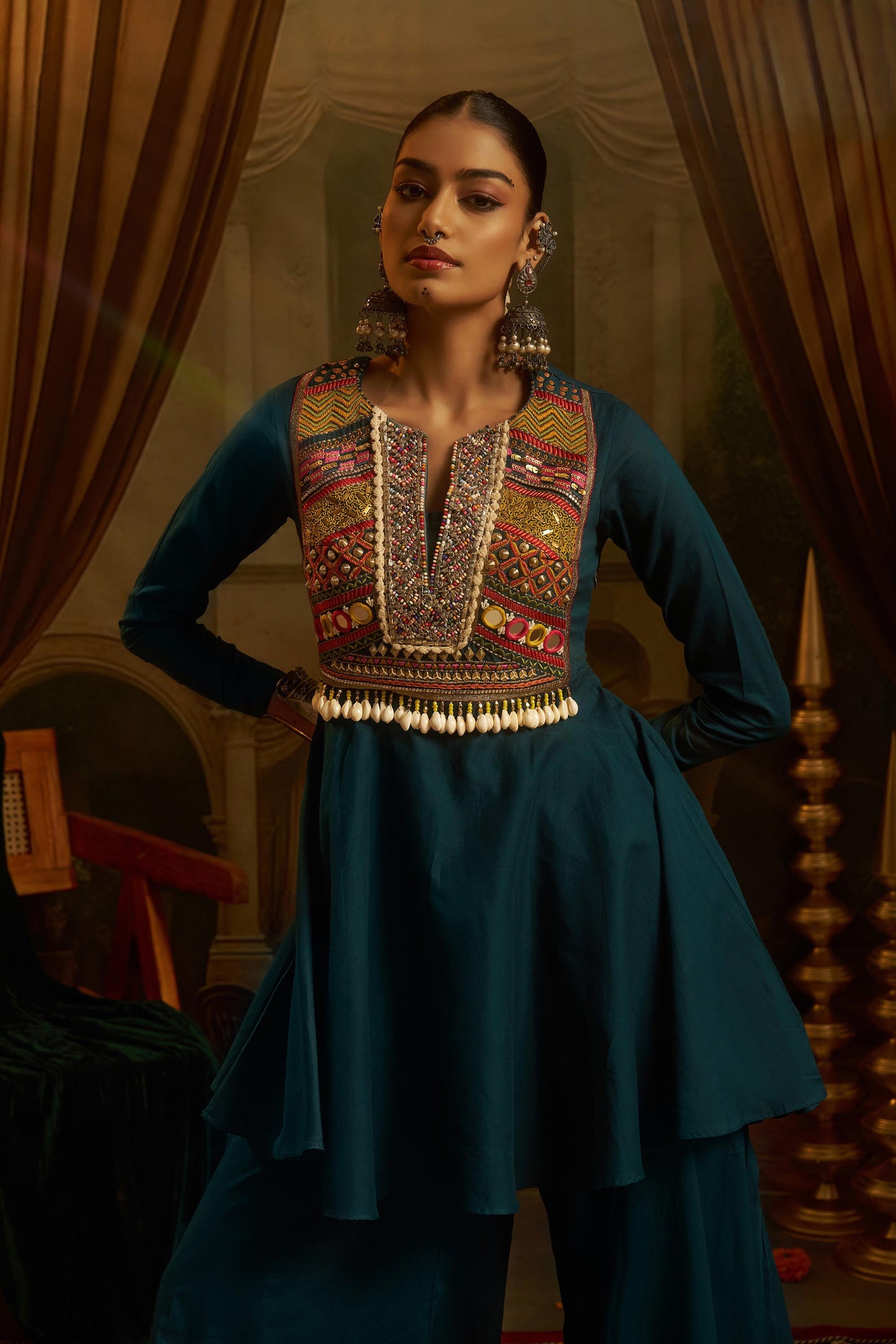 Teal Green Mul Cotton Kutchi Mirror Work Navratri Peplum Kurta with Sharara