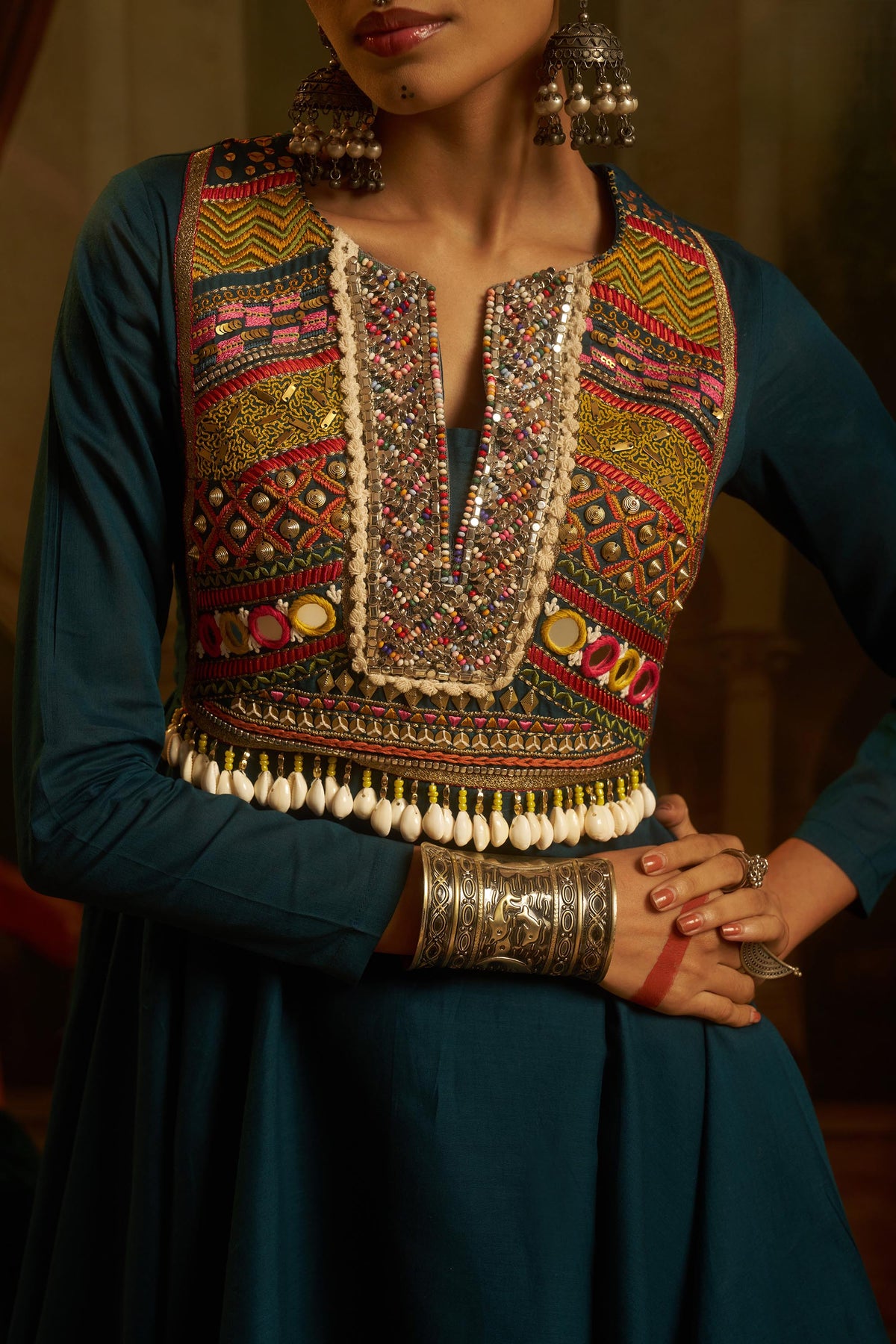 Teal Green Mul Cotton Kutchi Mirror Work Navratri Peplum Kurta with Sharara