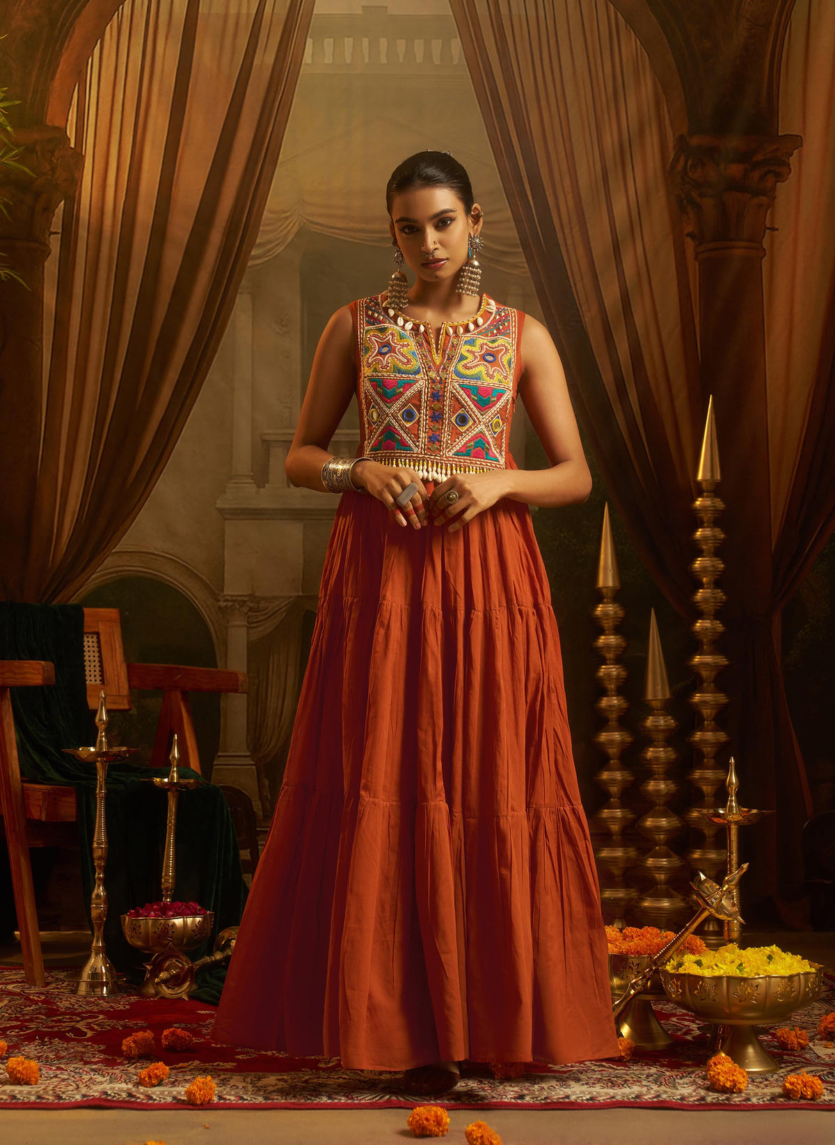 Rust Orange Mul Cotton Kutchi Mirror Work Navratri Anarkali Gown