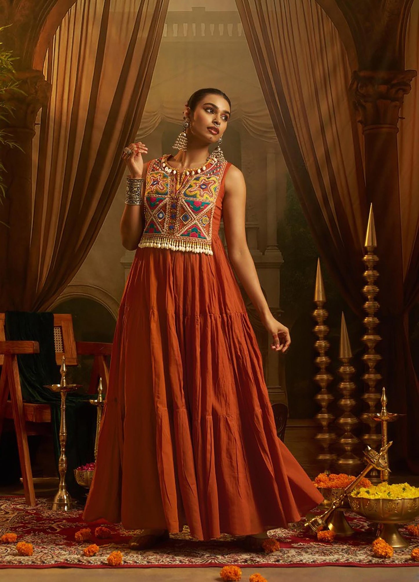 Rust Orange Mul Cotton Kutchi Mirror Work Navratri Anarkali Gown