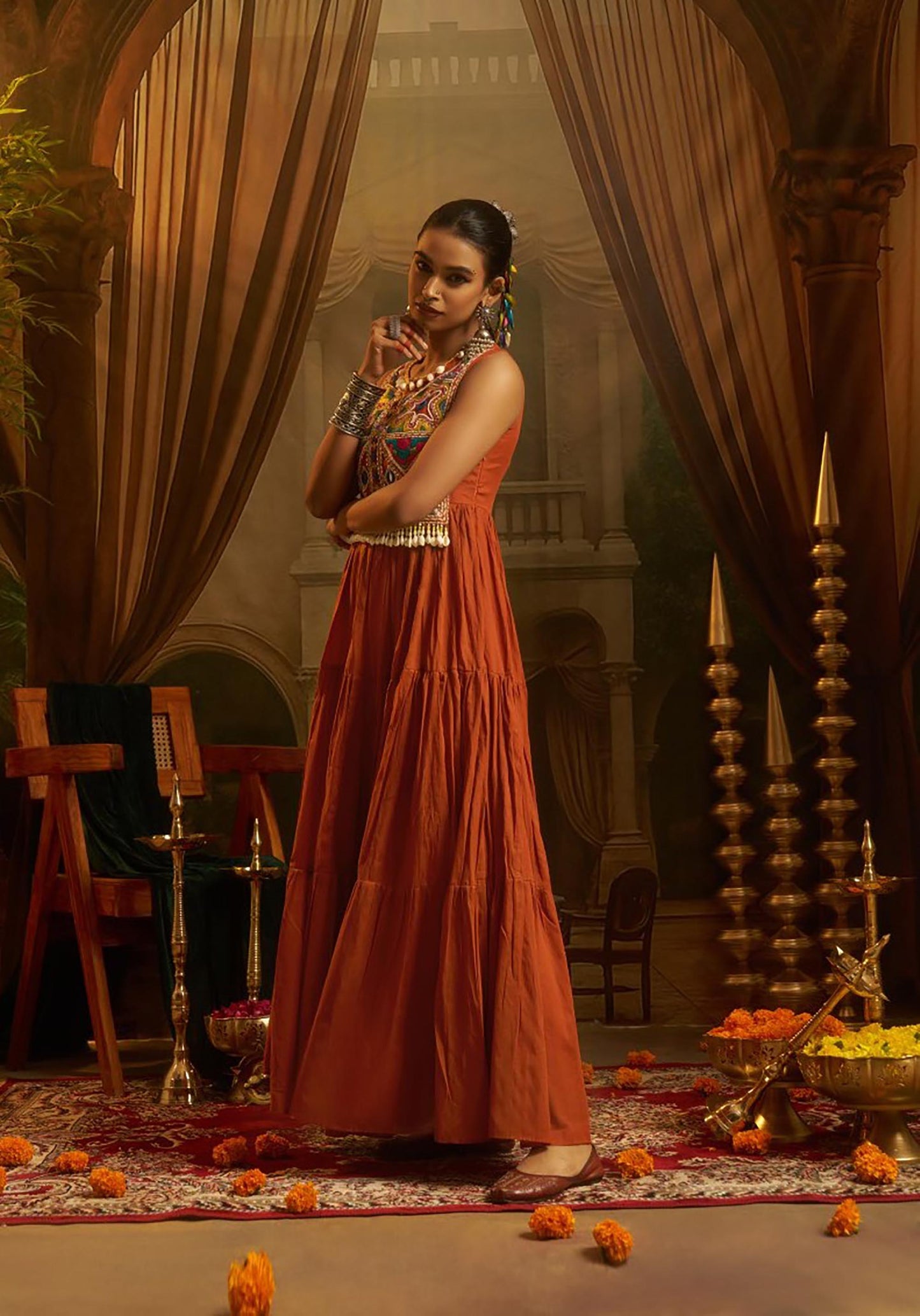 Rust Orange Mul Cotton Kutchi Mirror Work Navratri Anarkali Gown