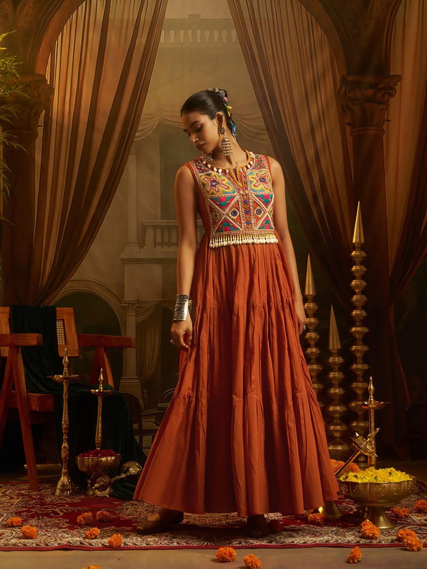 Rust Orange Mul Cotton Kutchi Mirror Work Navratri Anarkali Gown