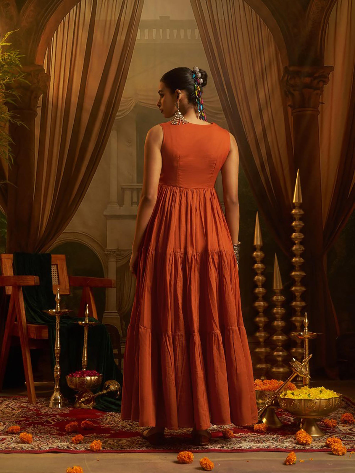 Rust Orange Mul Cotton Kutchi Mirror Work Navratri Anarkali Gown