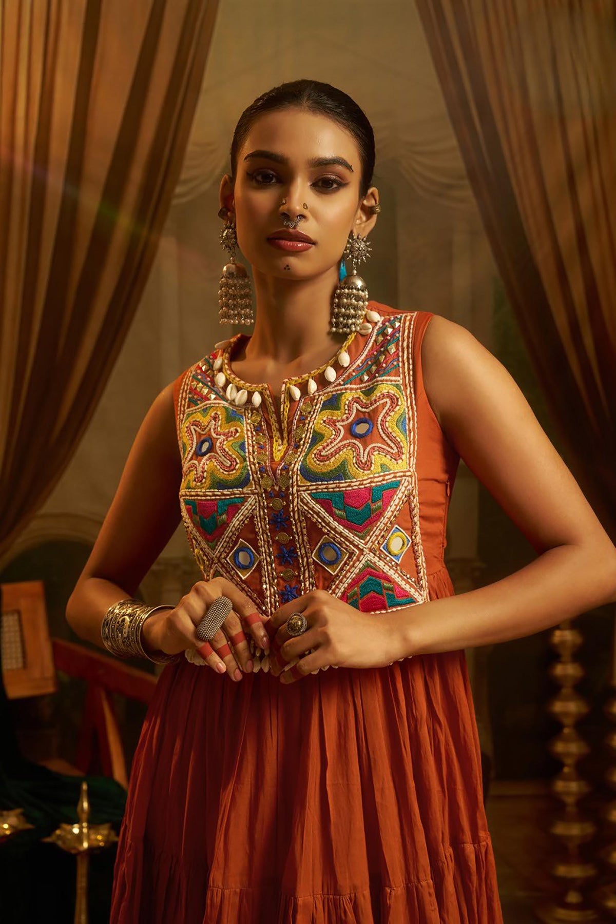 Rust Orange Mul Cotton Kutchi Mirror Work Navratri Anarkali Gown
