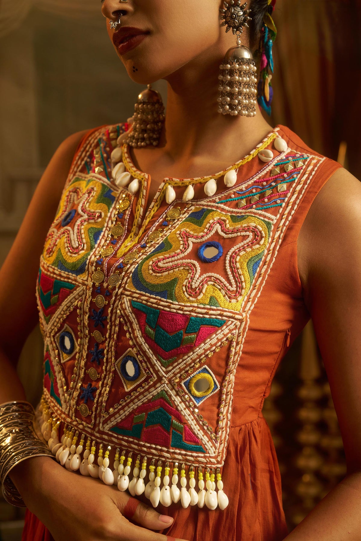 Rust Orange Mul Cotton Kutchi Mirror Work Navratri Anarkali Gown