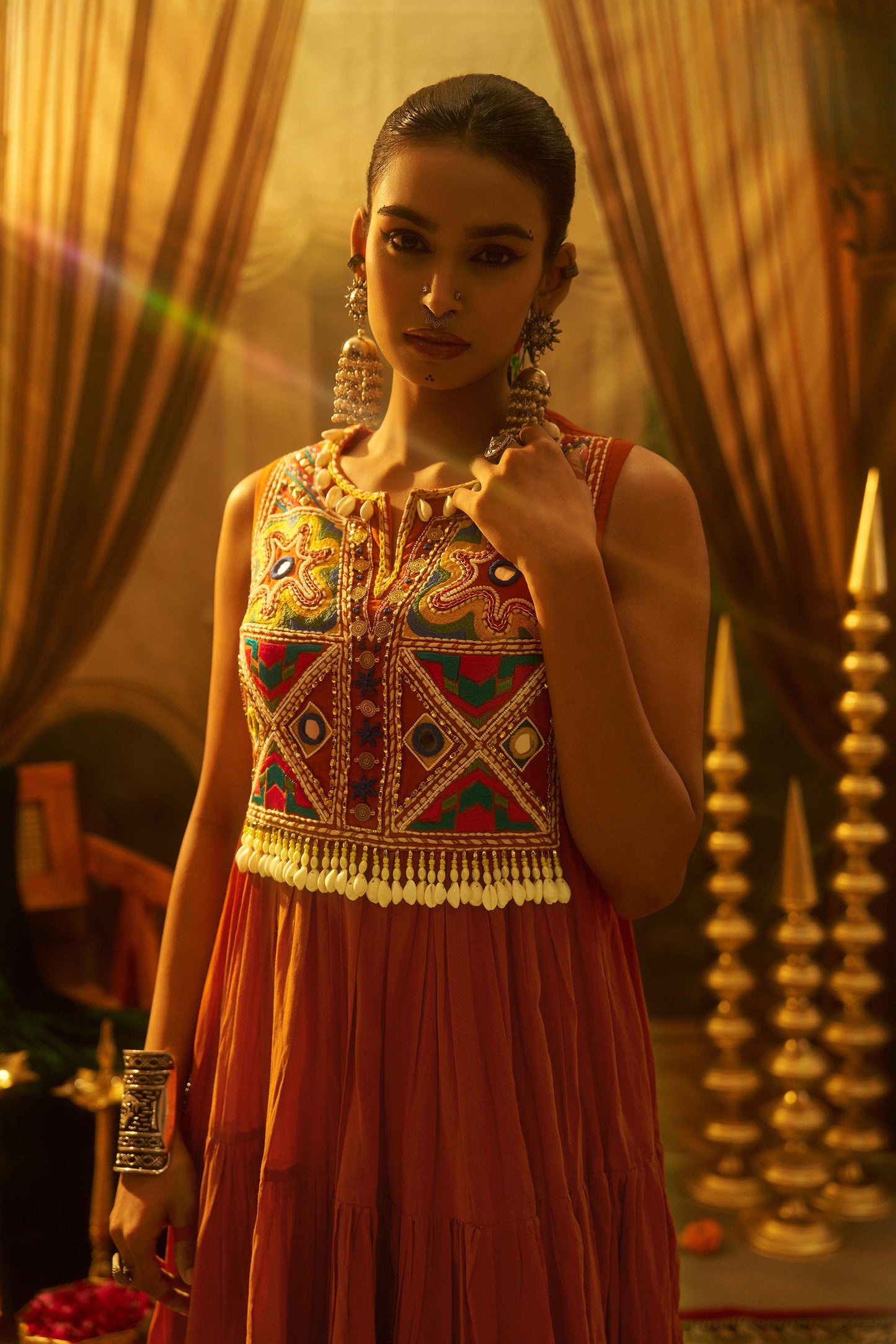 Rust Orange Mul Cotton Kutchi Mirror Work Navratri Anarkali Gown