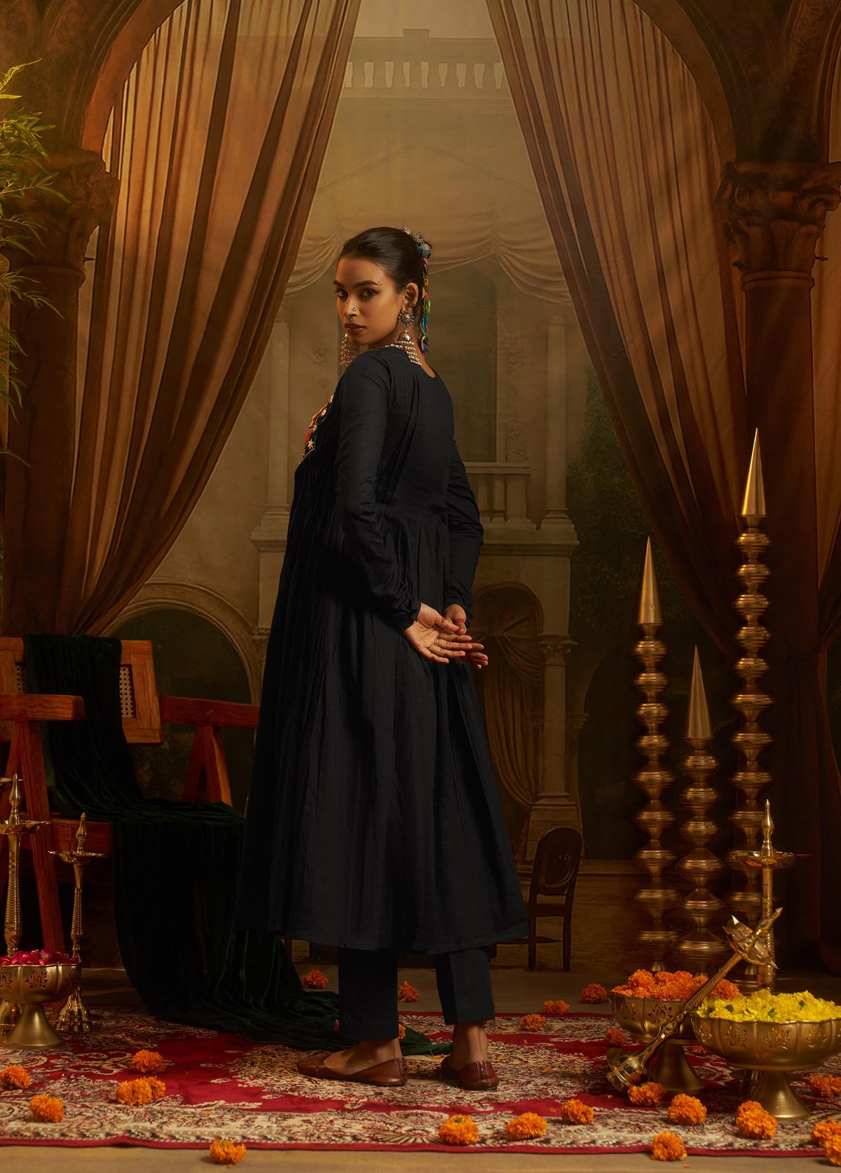 Black Mul Cotton Kutchi Mirror Work Navratri Anarkali Gown
