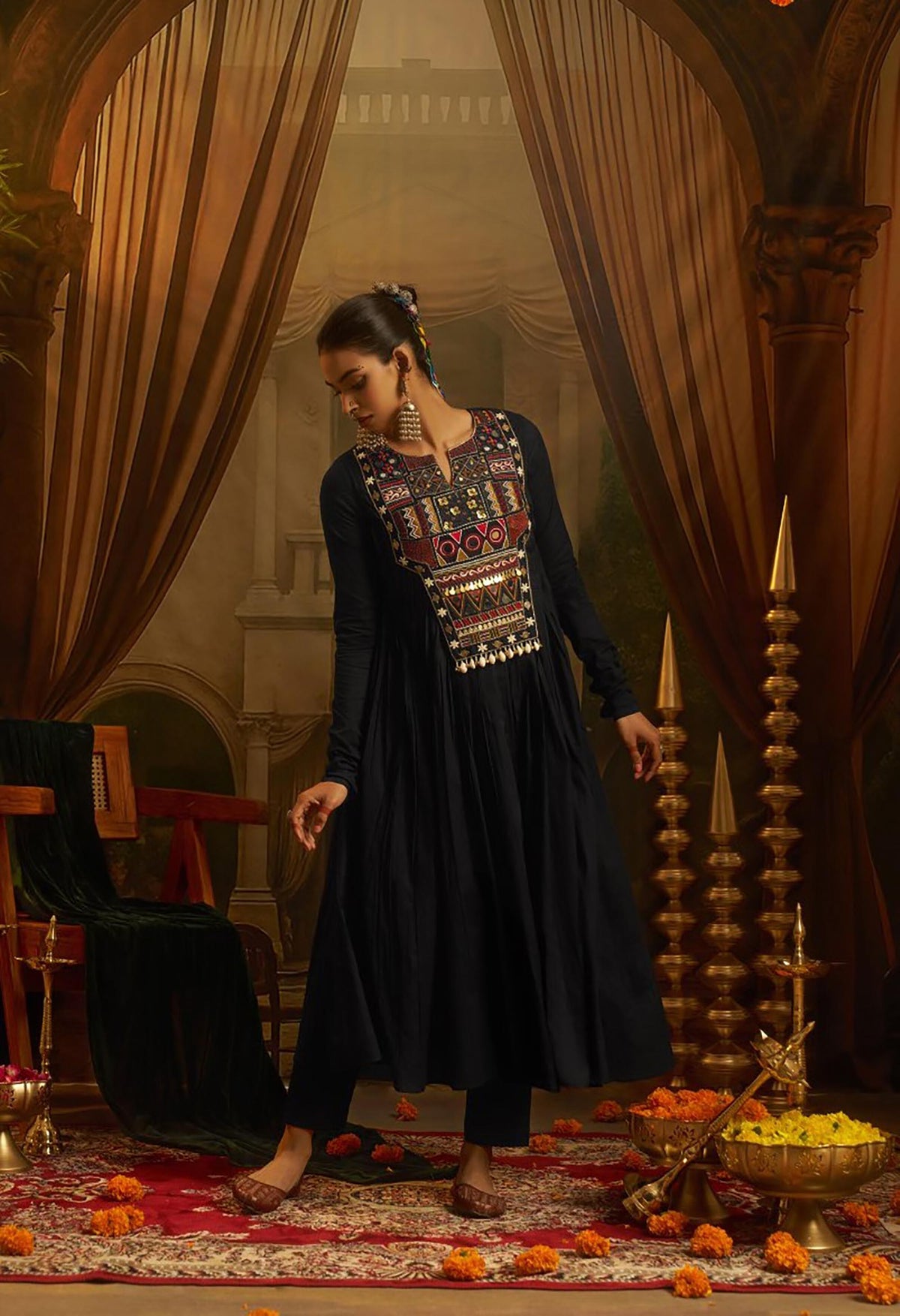 Black Mul Cotton Kutchi Mirror Work Navratri Anarkali Gown