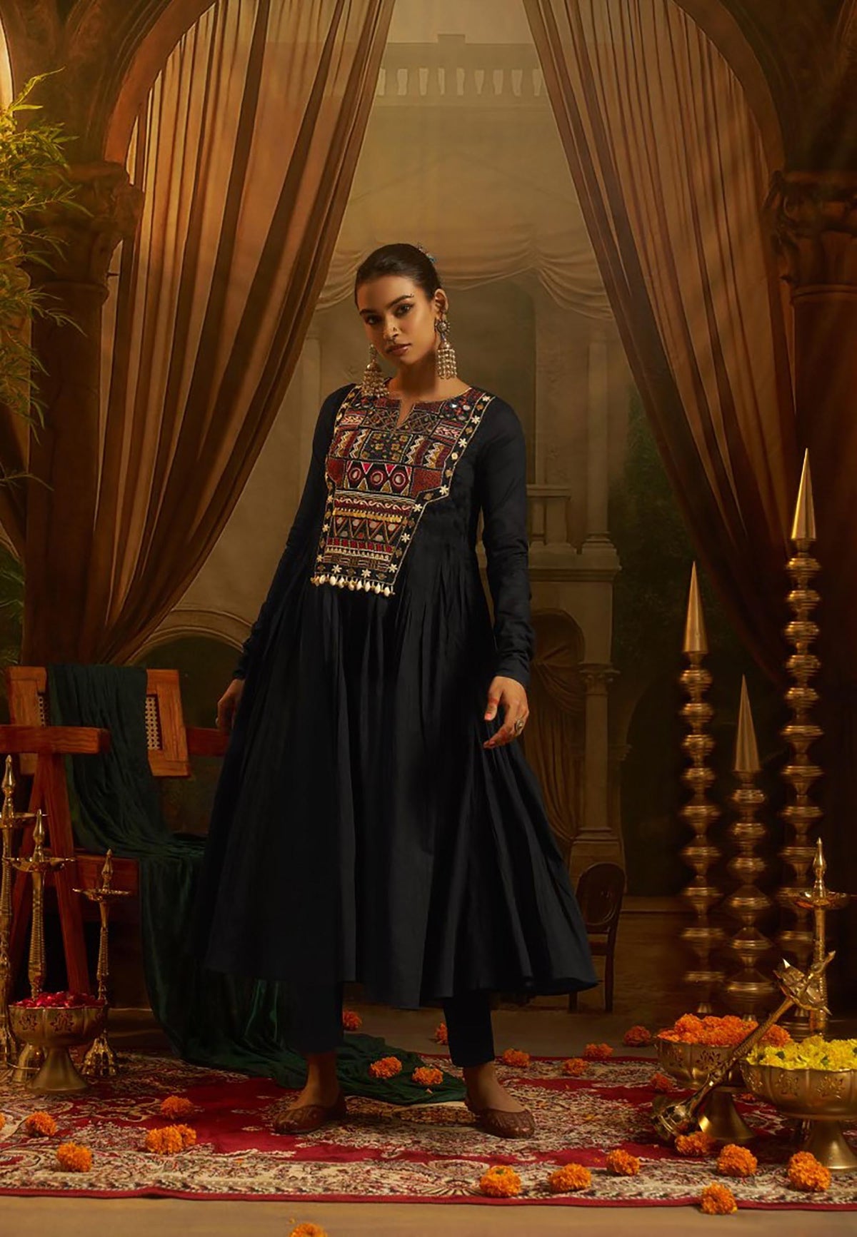Black Mul Cotton Kutchi Mirror Work Navratri Anarkali Gown